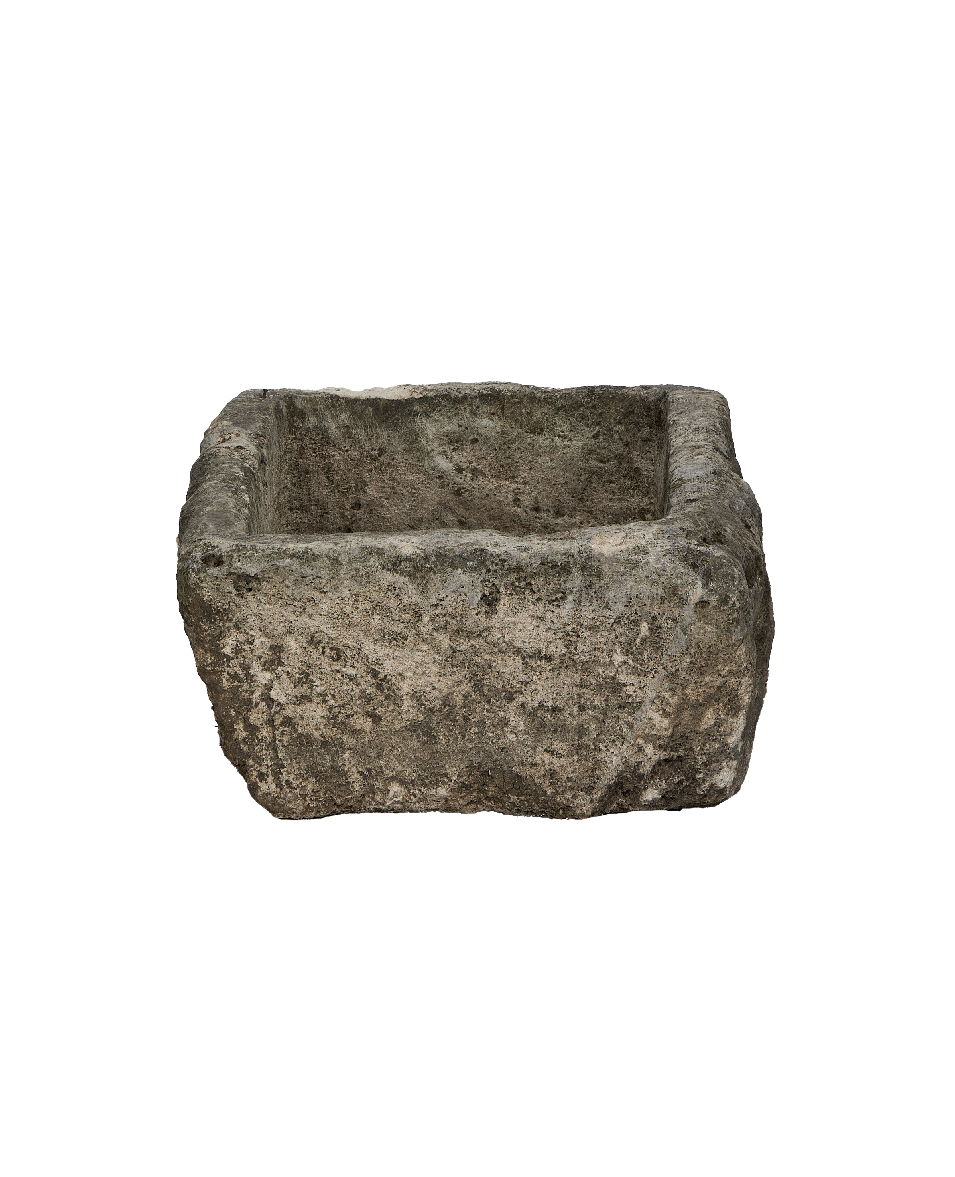 Vintage Indonesian limestone rectangular trough, showing rough exterior texture and weathered surfaces.