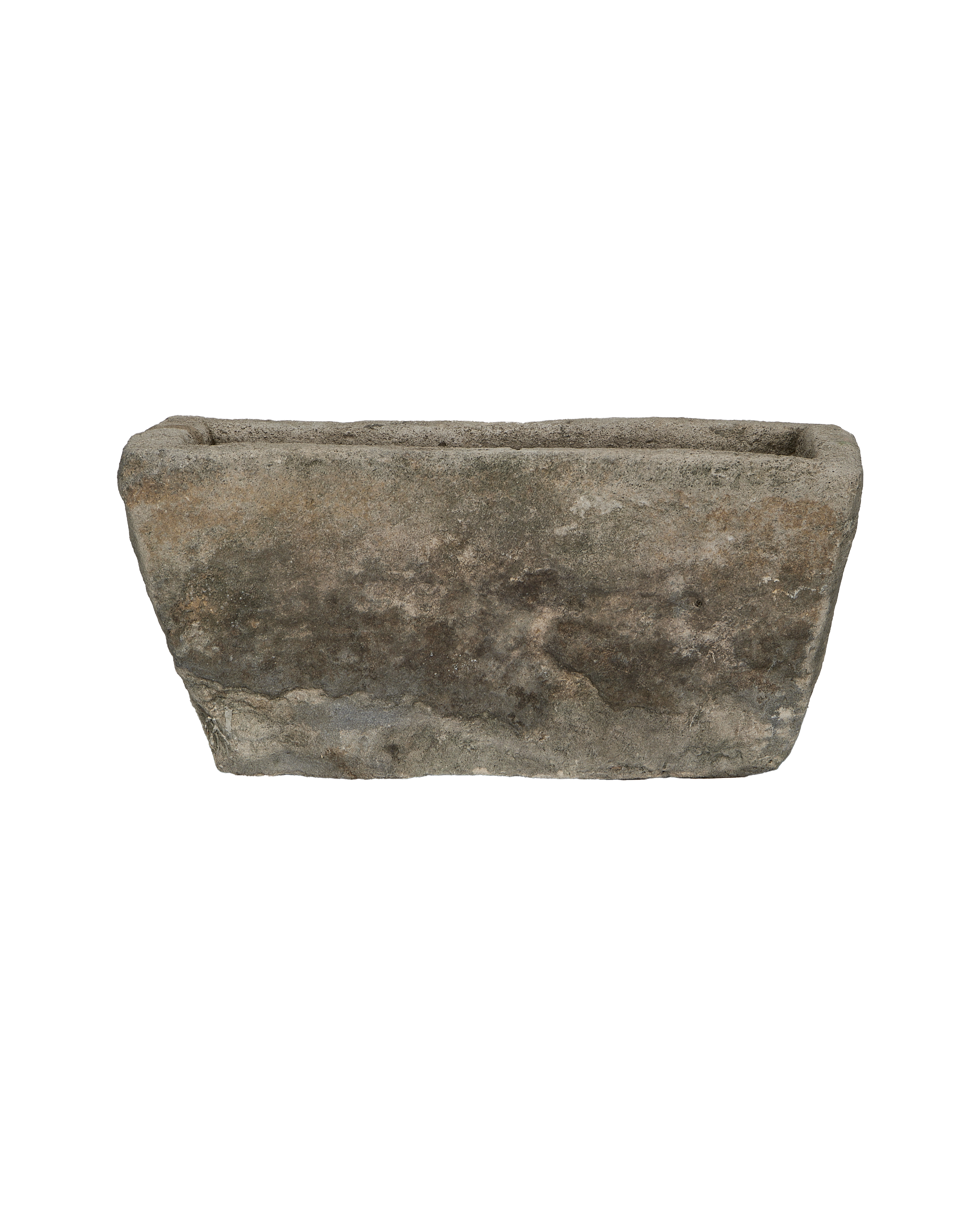 Vintage rectangular Indonesian limestone trough with weathered natural oak finish.