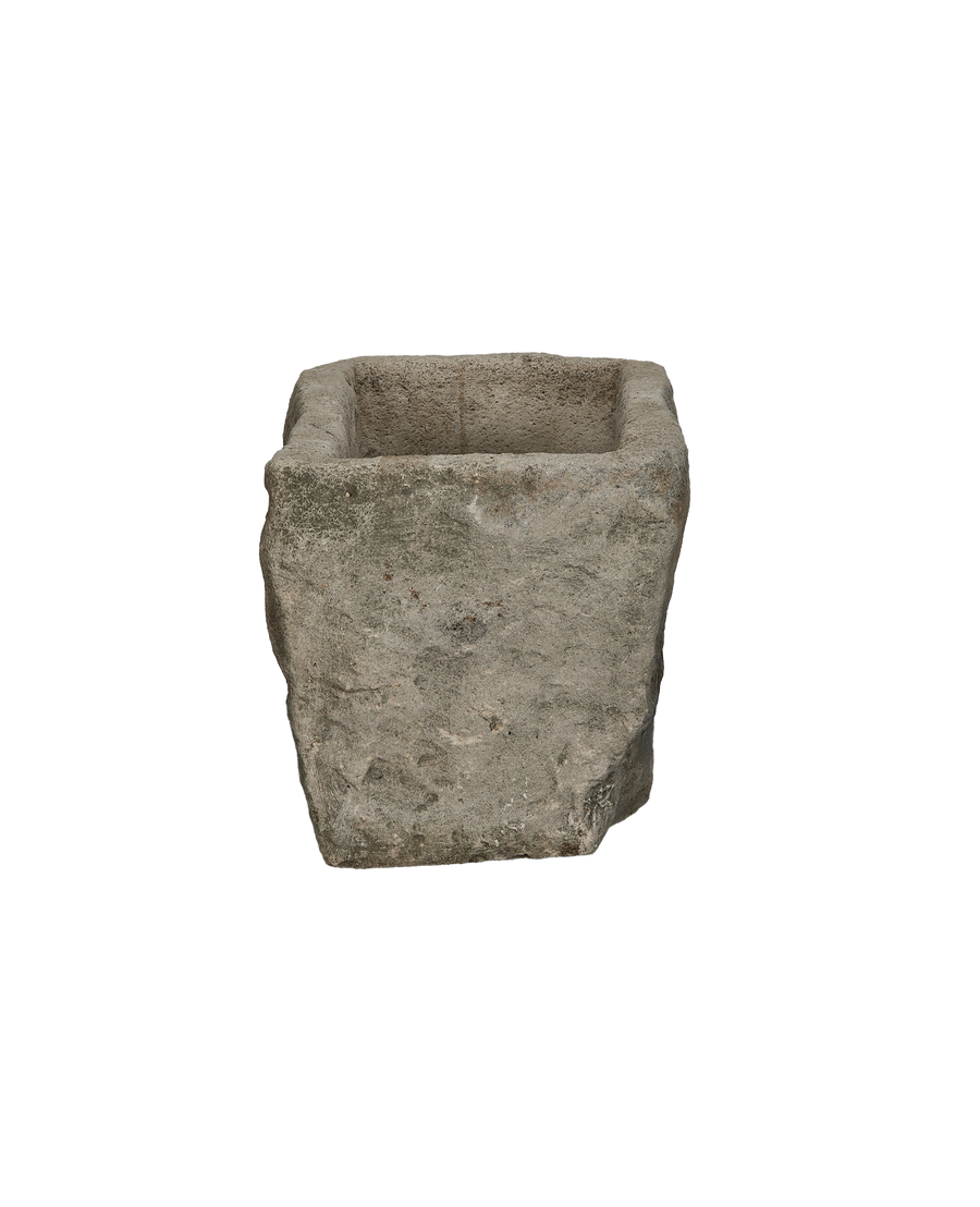 Vintage Indonesian limestone trough, OAK rectangle, showing rugged natural texture and deep basin.