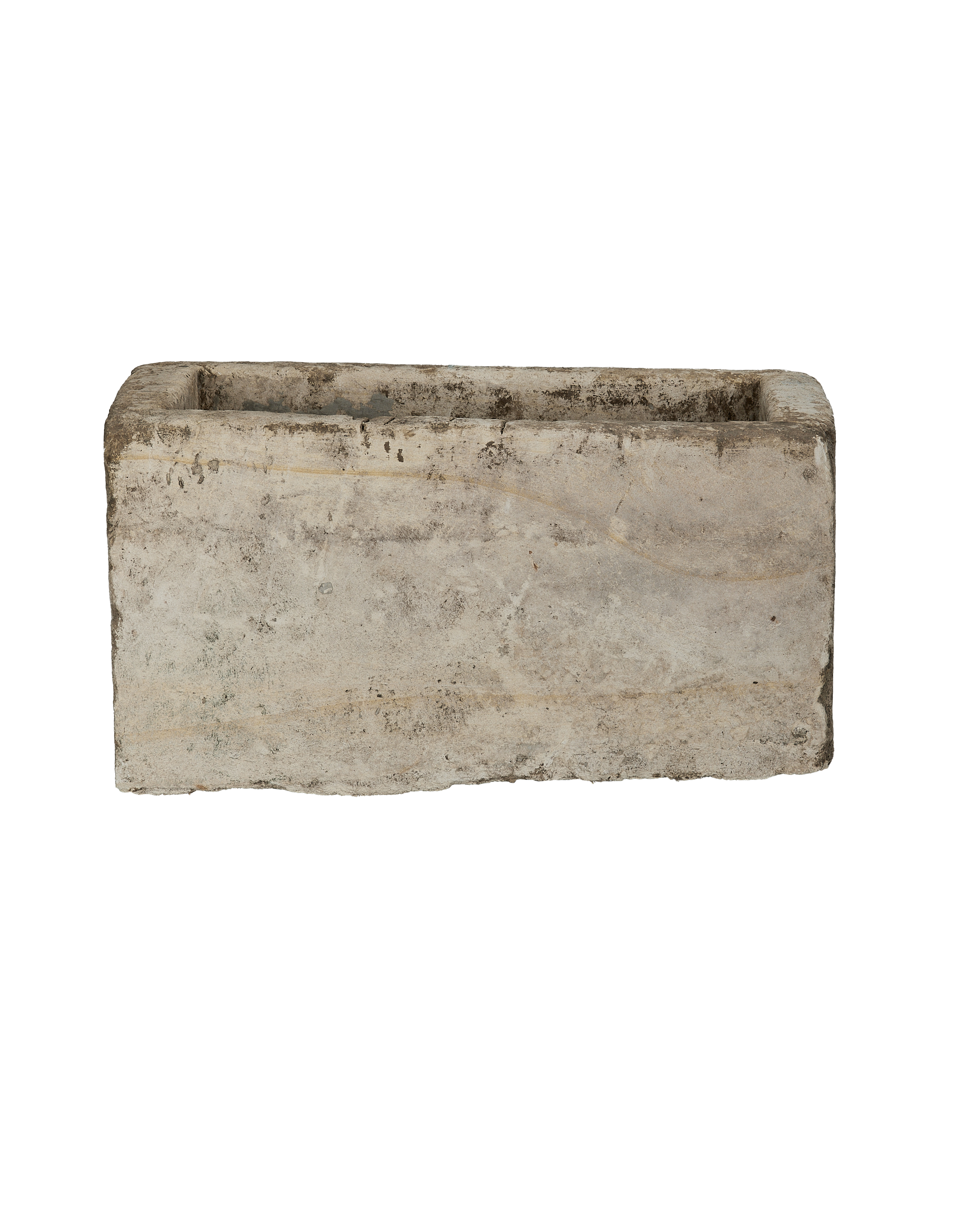Vintage rectangular Indonesian limestone trough with weathered natural patina, top view.