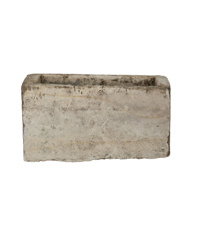 Vintage rectangular Indonesian limestone trough with weathered natural patina, top view.