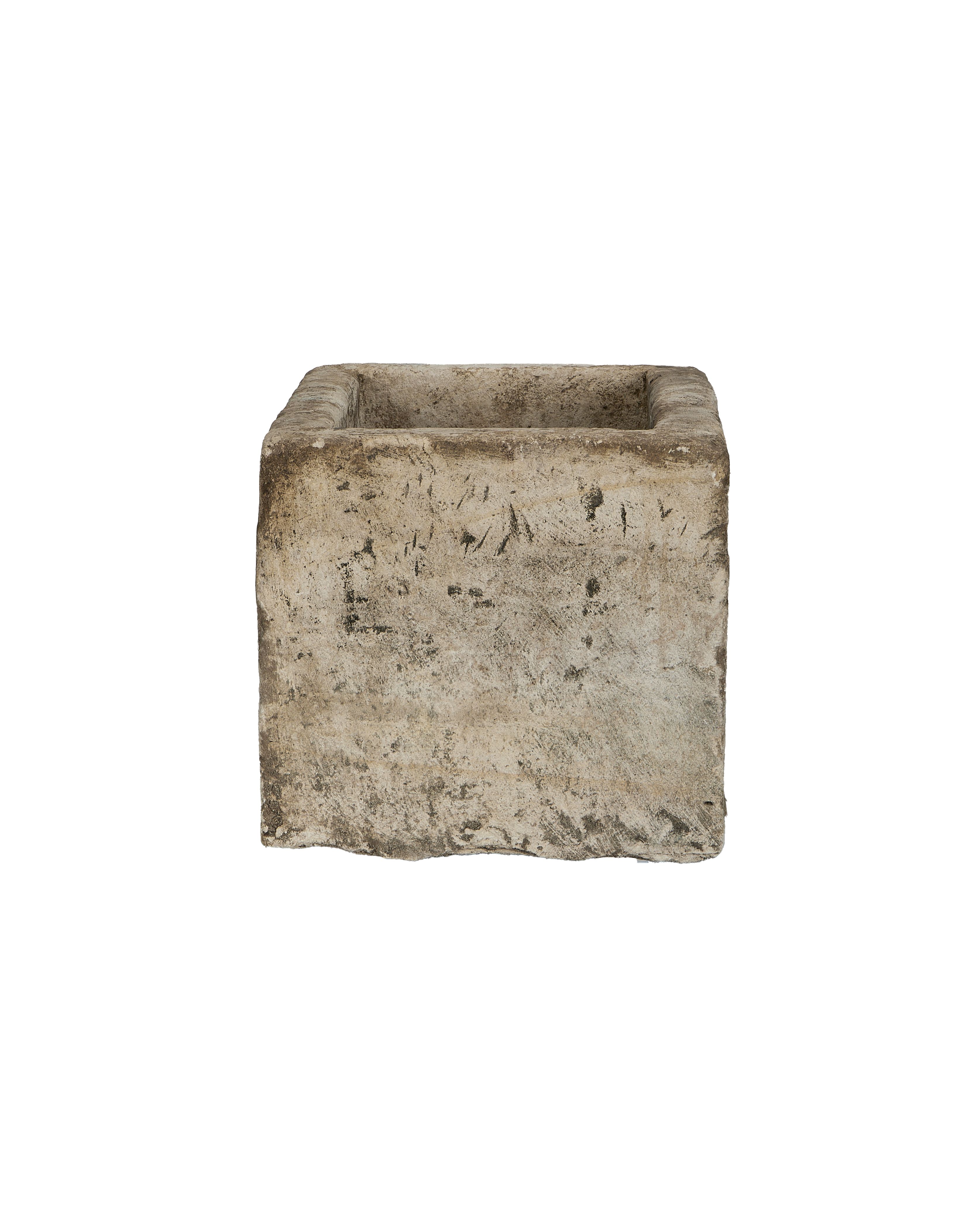 Vintage Indonesian gray limestone trough, natural aged patina, showing rustic rectangular interior and exterior.