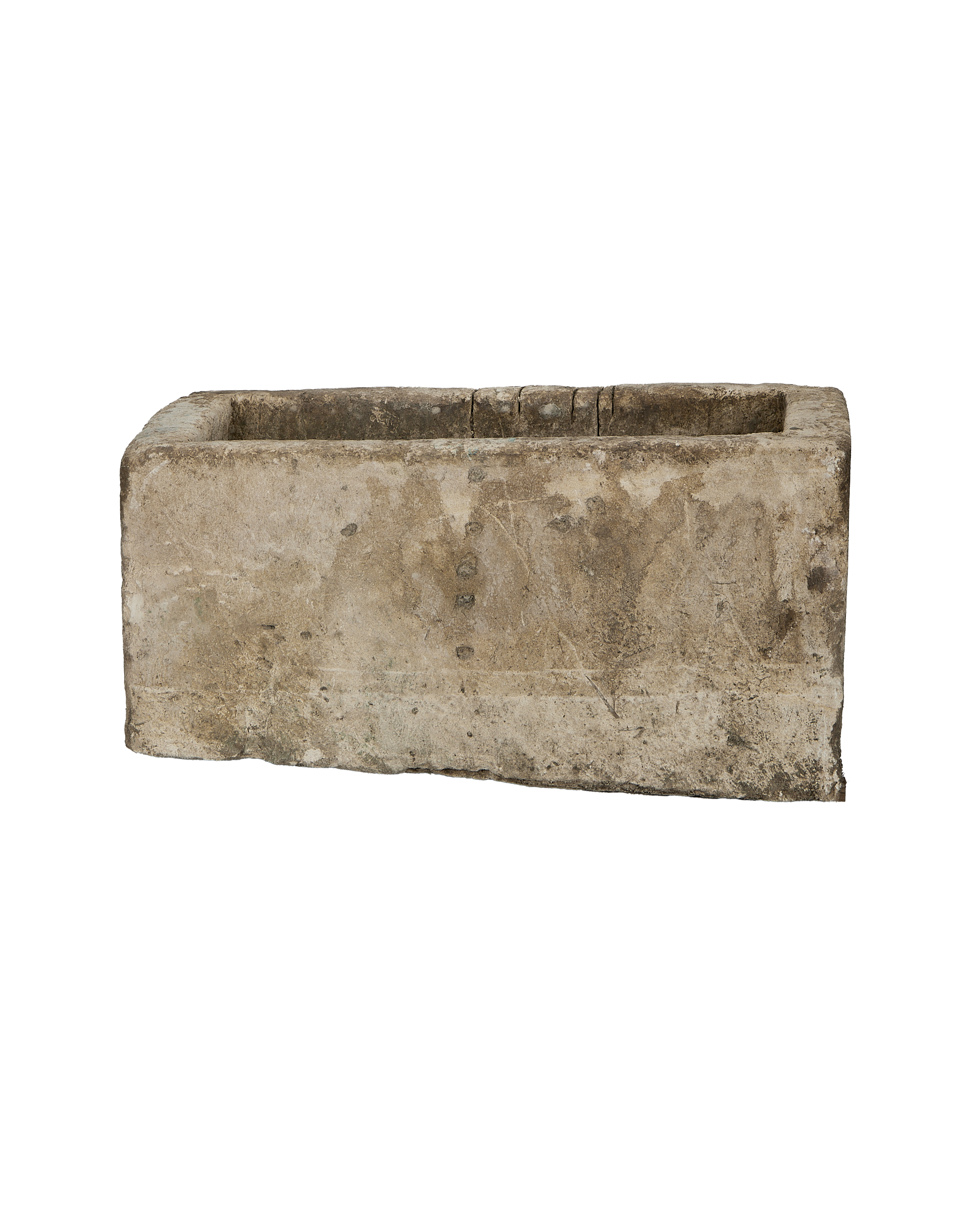 Vintage Indonesian limestone trough, rectangular, highlighting textured surface from front angle view.