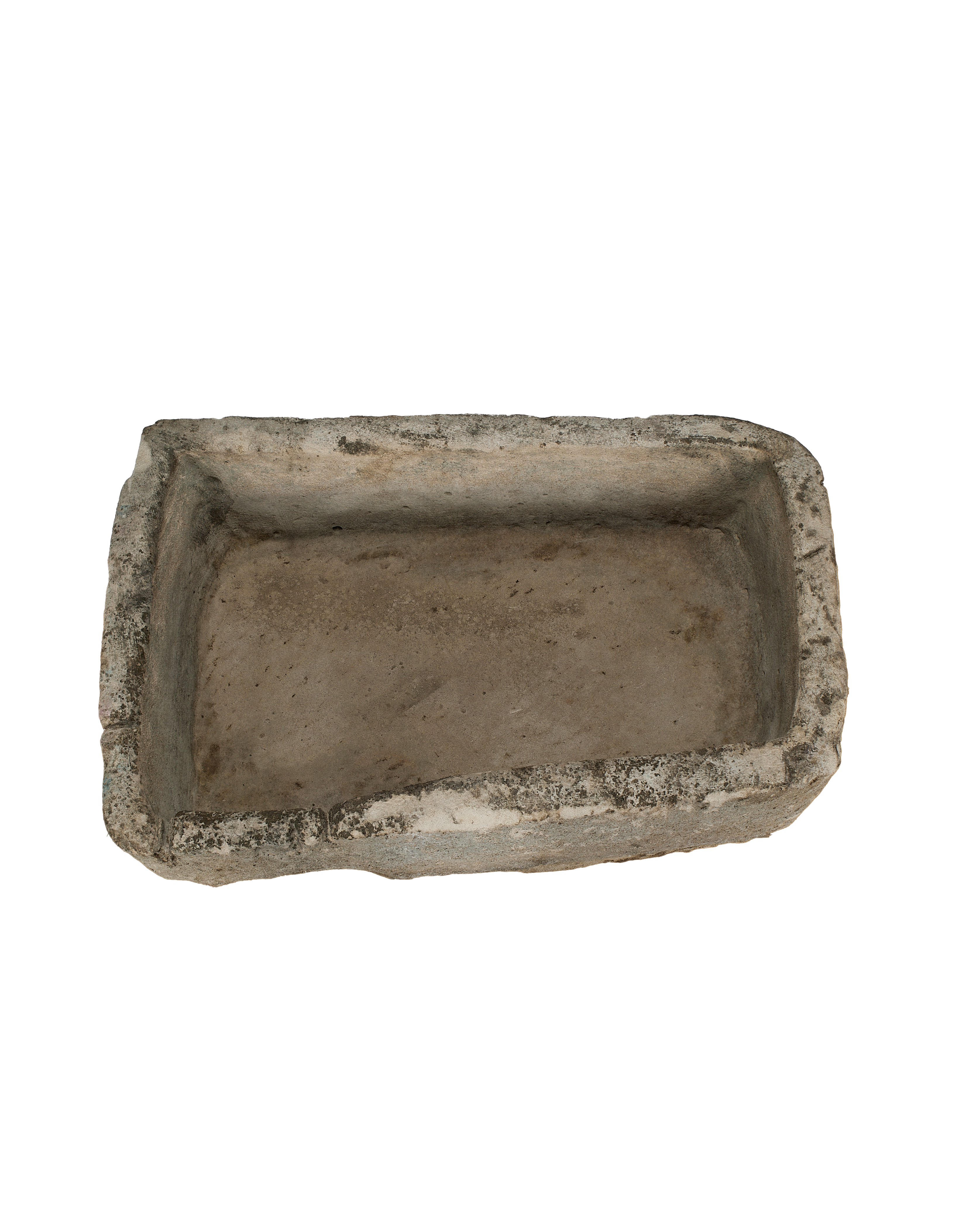 Vintage Indonesian rectangular limestone trough, top view highlighting rough texture and aged patina.