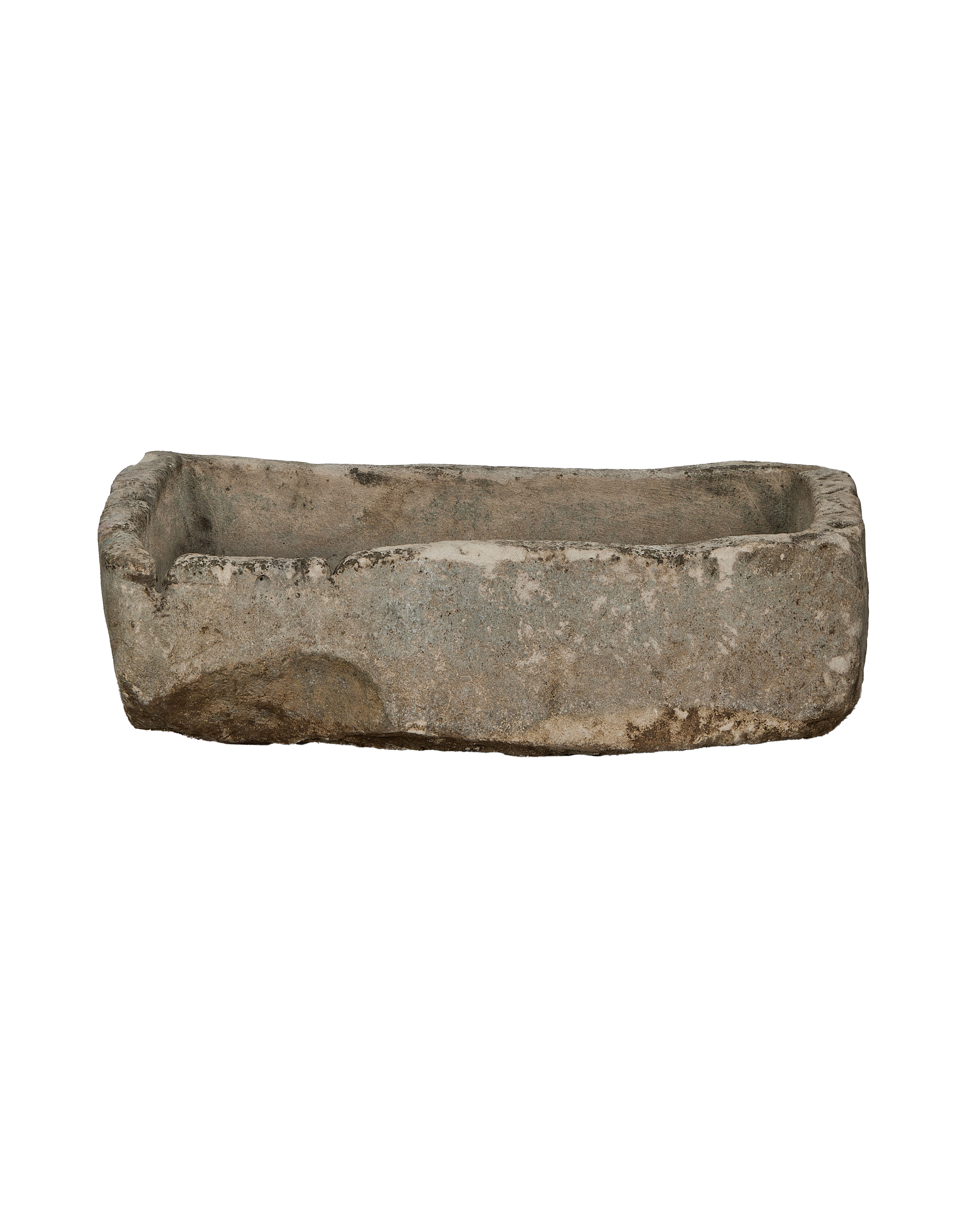 Vintage rectangular limestone trough from Indonesia with a textured, aged surface and weathered sides.