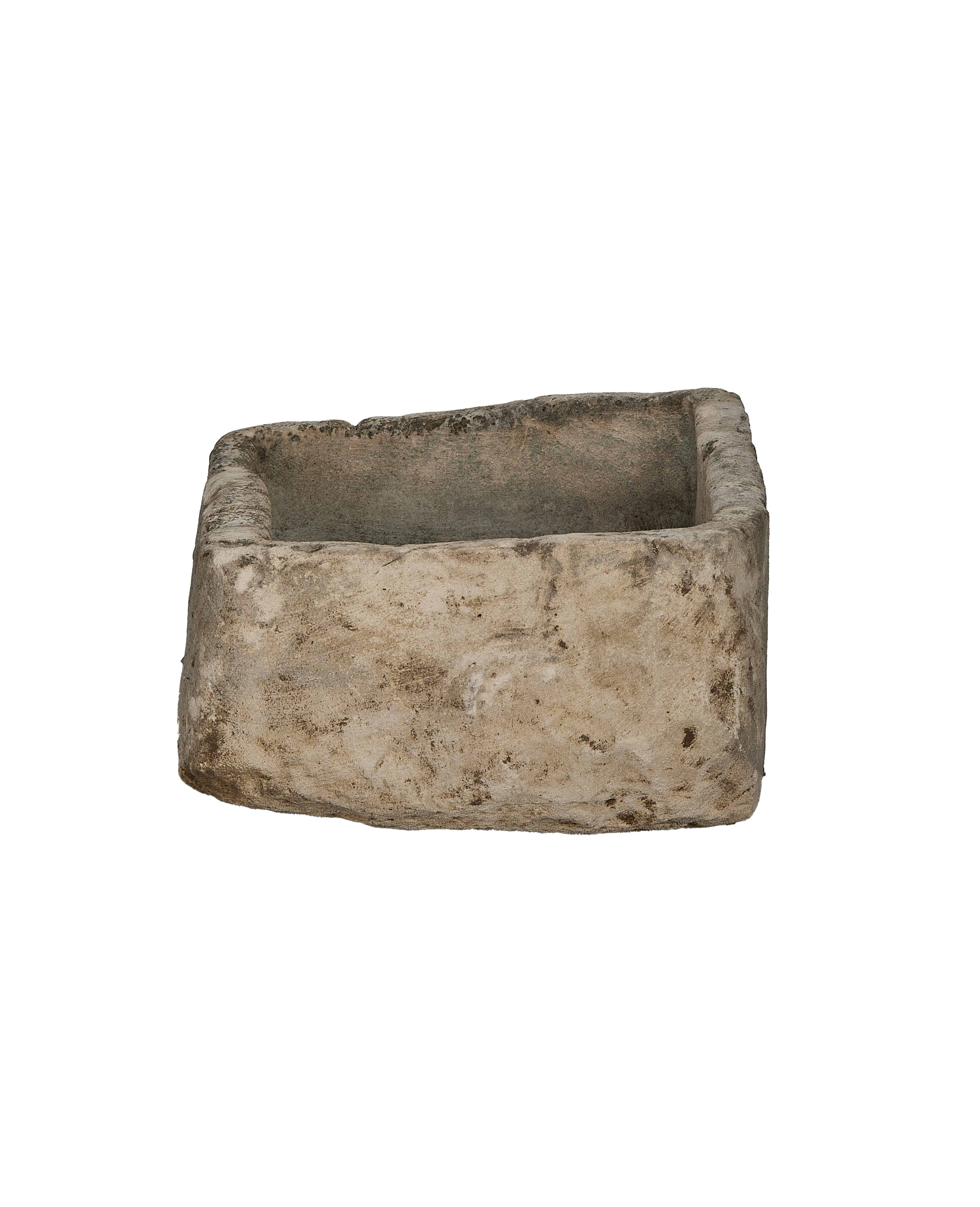 Vintage rectangular limestone trough, showing weathered texture and subtle interior view from above.