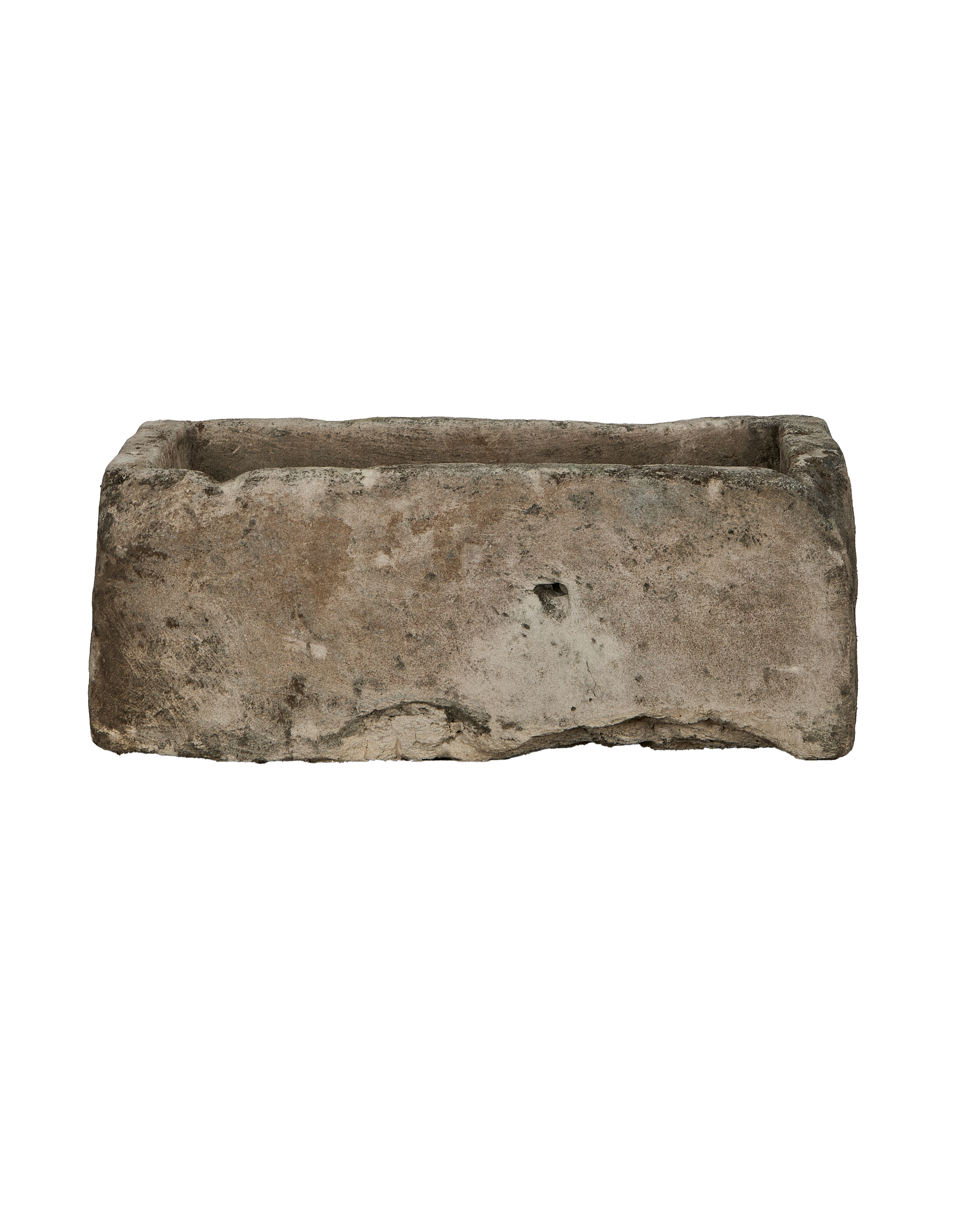 Vintage Indonesian limestone rectangular trough, weathered exterior with rough edges and central indent.