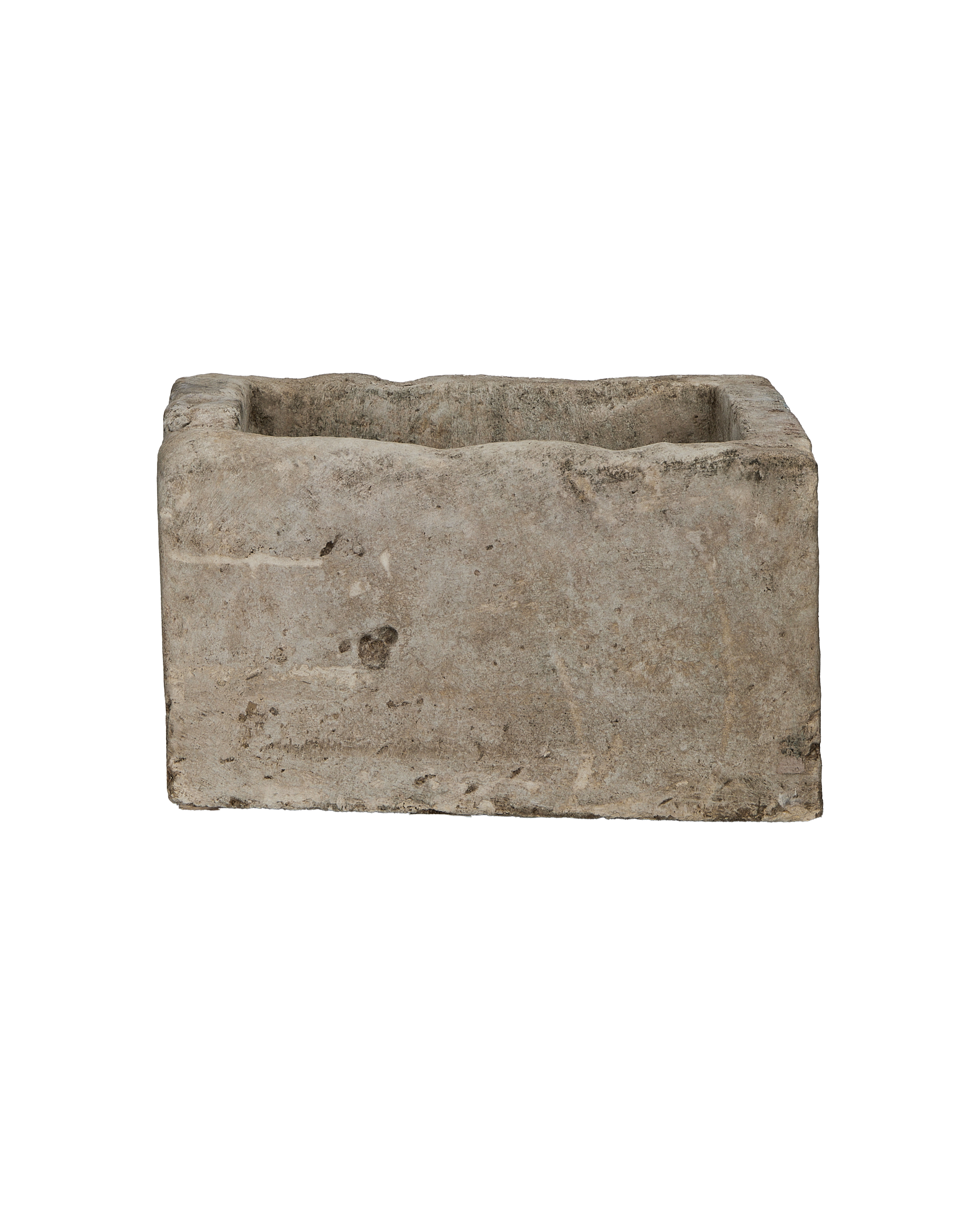 Vintage Indonesian limestone trough, rectangular planter, weathered texture, neutral earthy tones on black background.