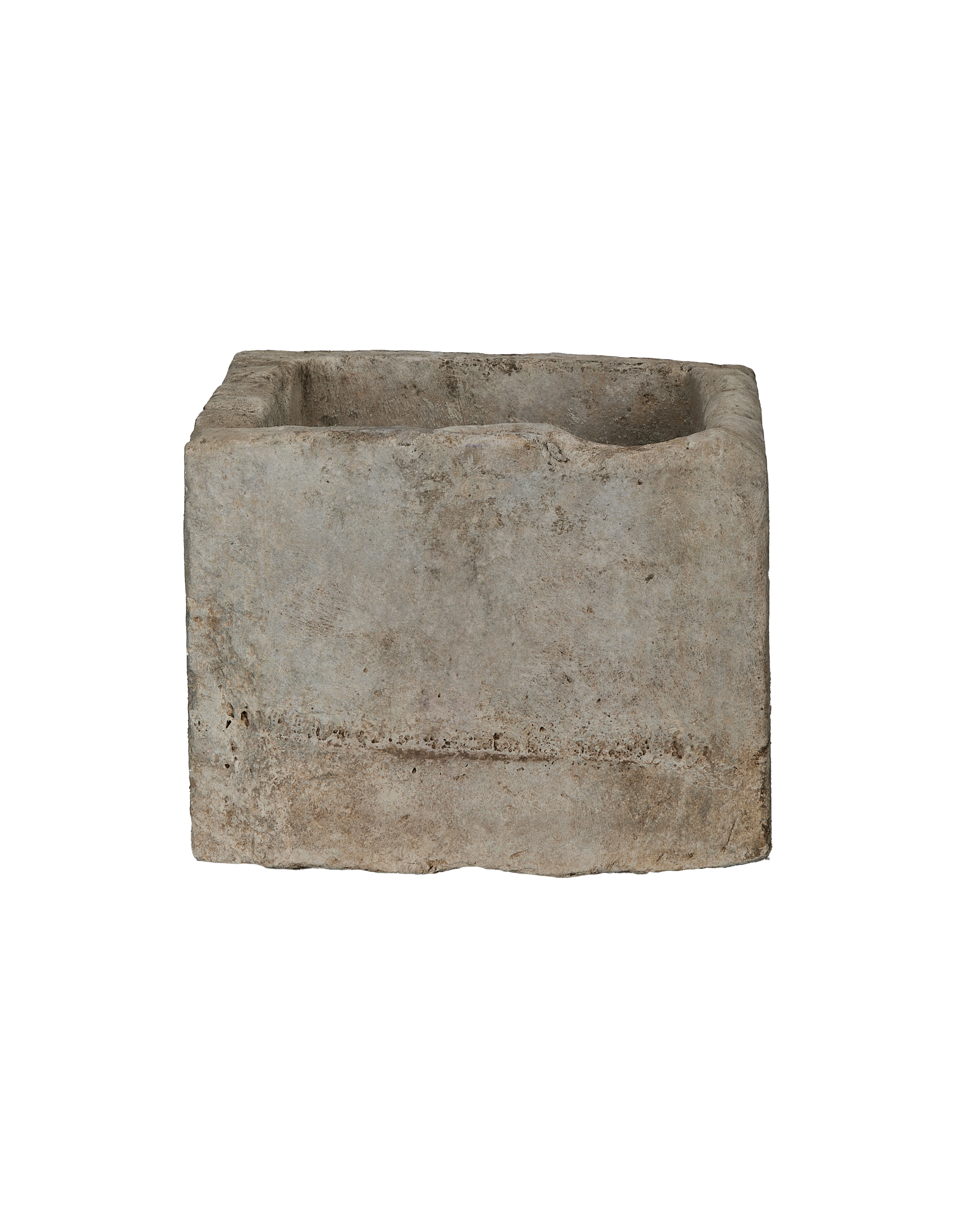Vintage Indonesian limestone rectangular trough, side view revealing rustic texture and deep basin.