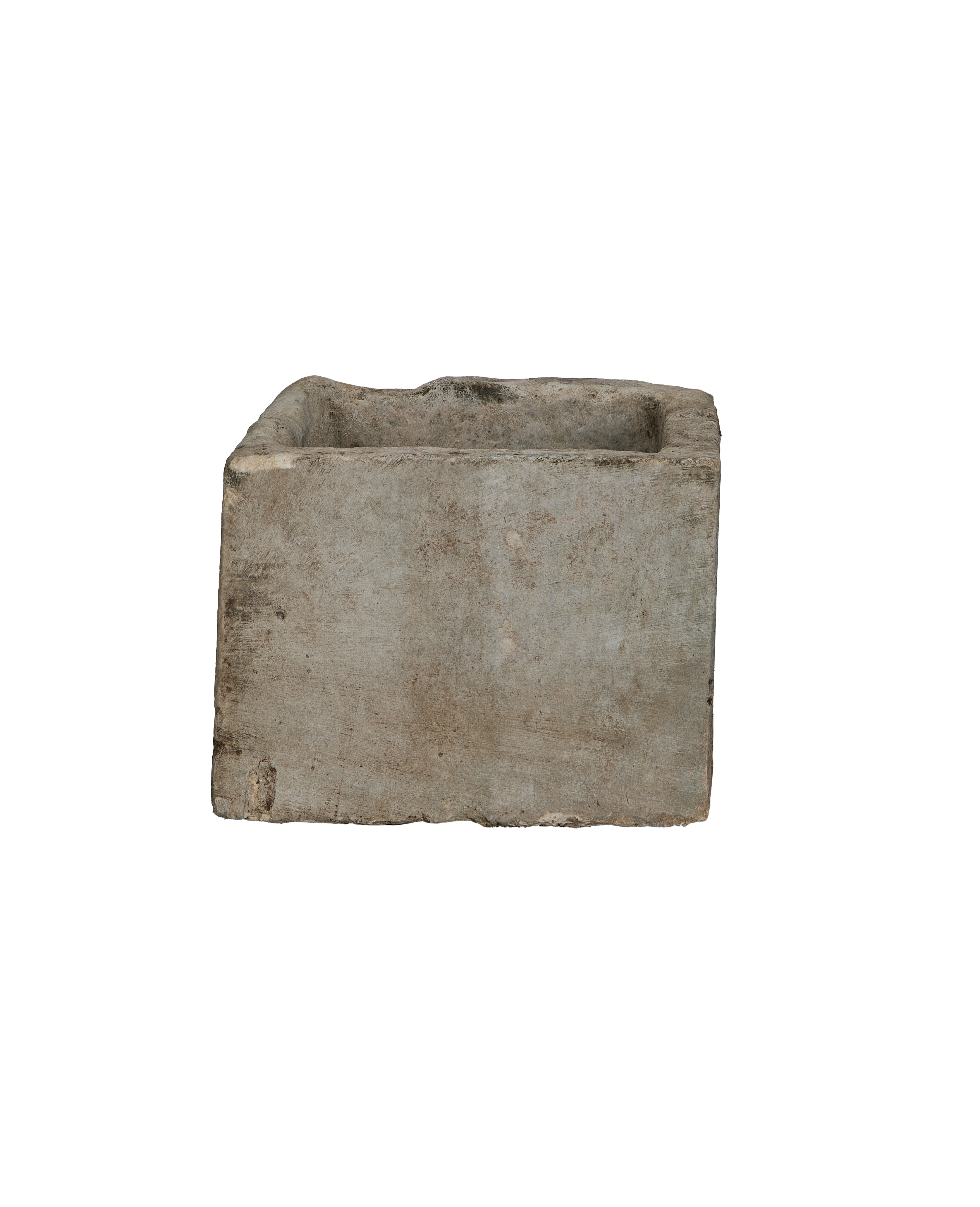 Vintage Indonesian rectangular limestone trough, detailed side view shows rough texture and unique weathered patina.