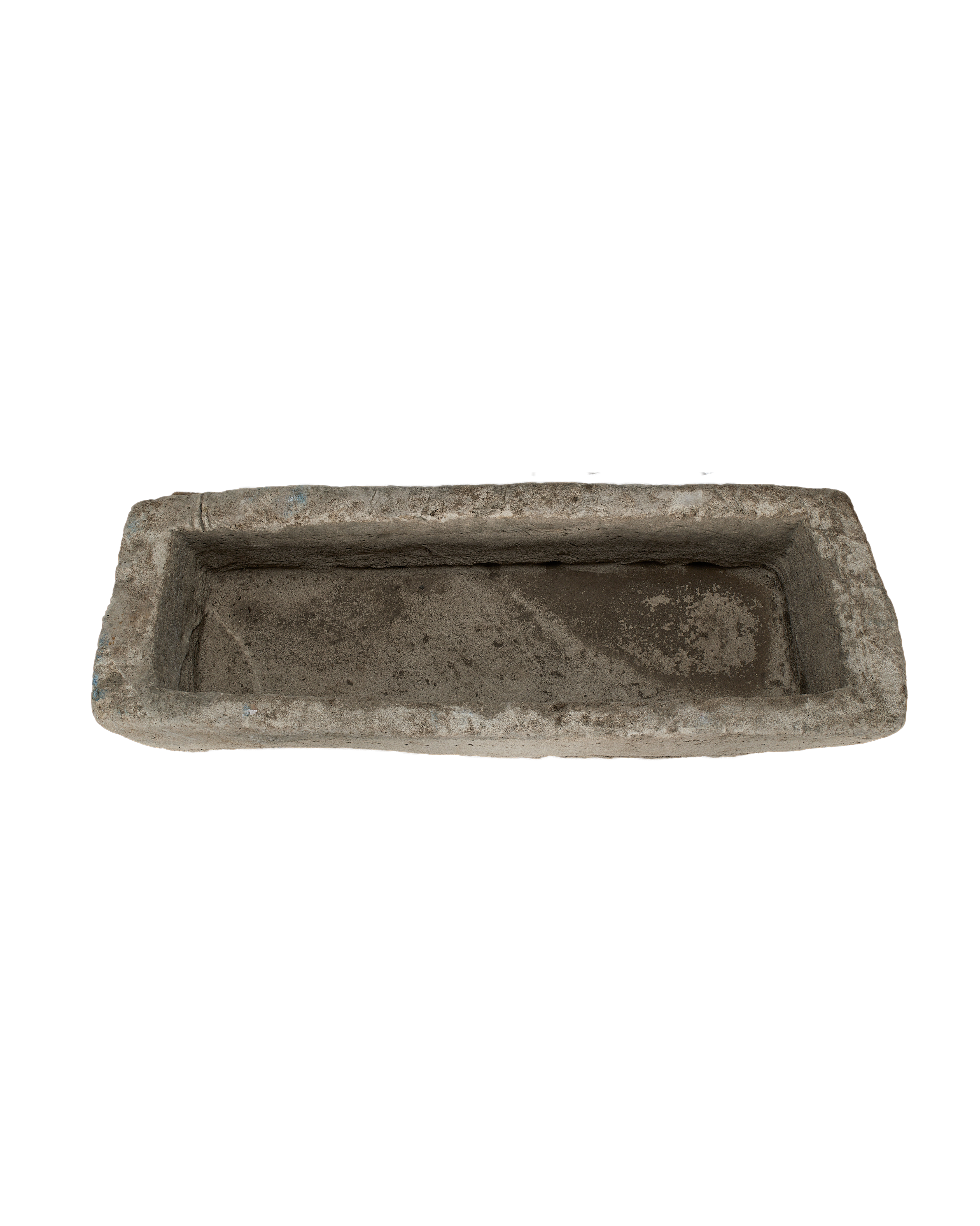 Vintage Indonesian rectangular limestone trough, top-down view showing interior texture and condition.