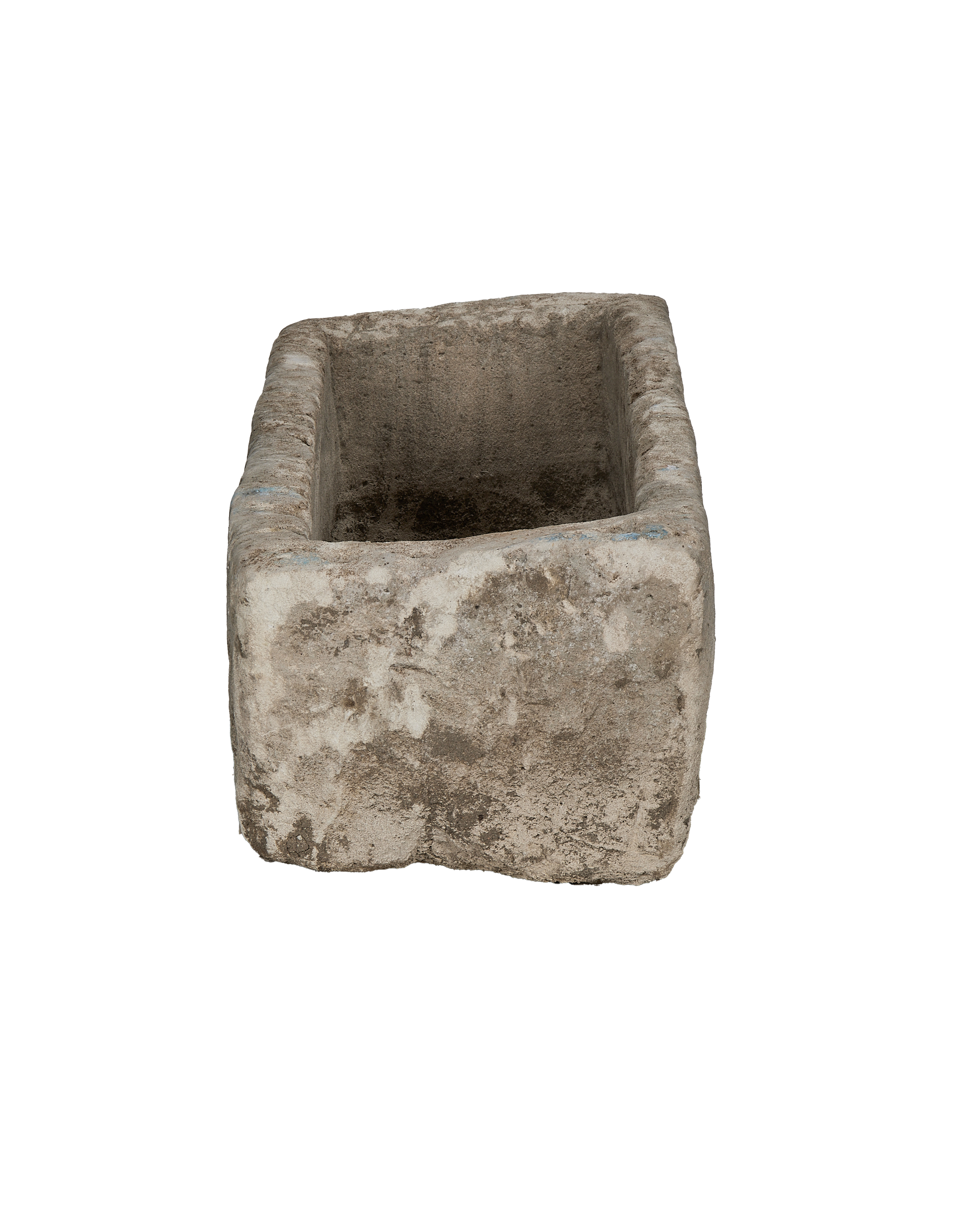 Vintage Indonesian limestone trough, top-down view showing interior depth and weathered texture.