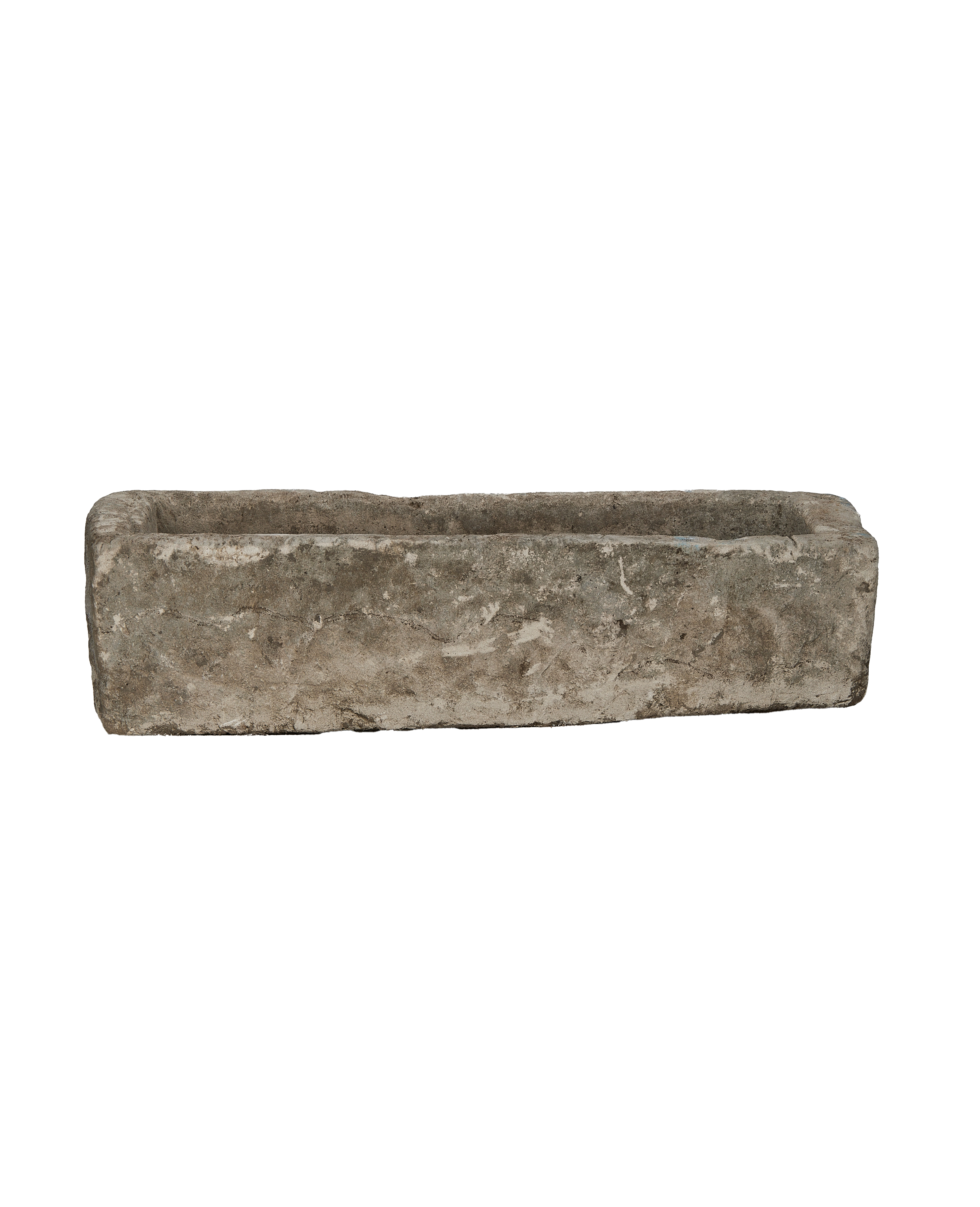 Full top-down view of vintage rectangular limestone trough, showcasing weathered texture.