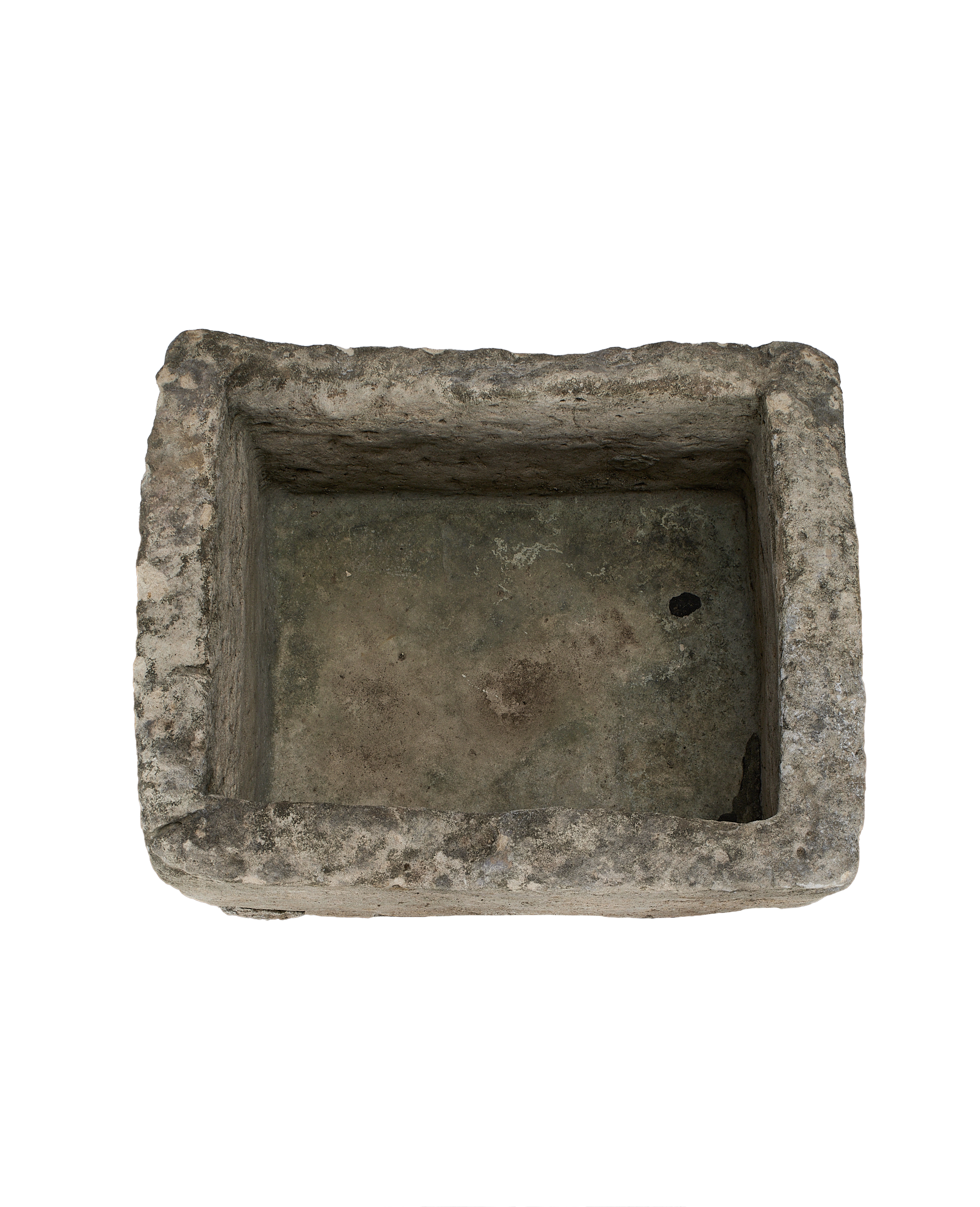Vintage rectangular Indonesian limestone trough, top-down view showing interior depth and rough texture.