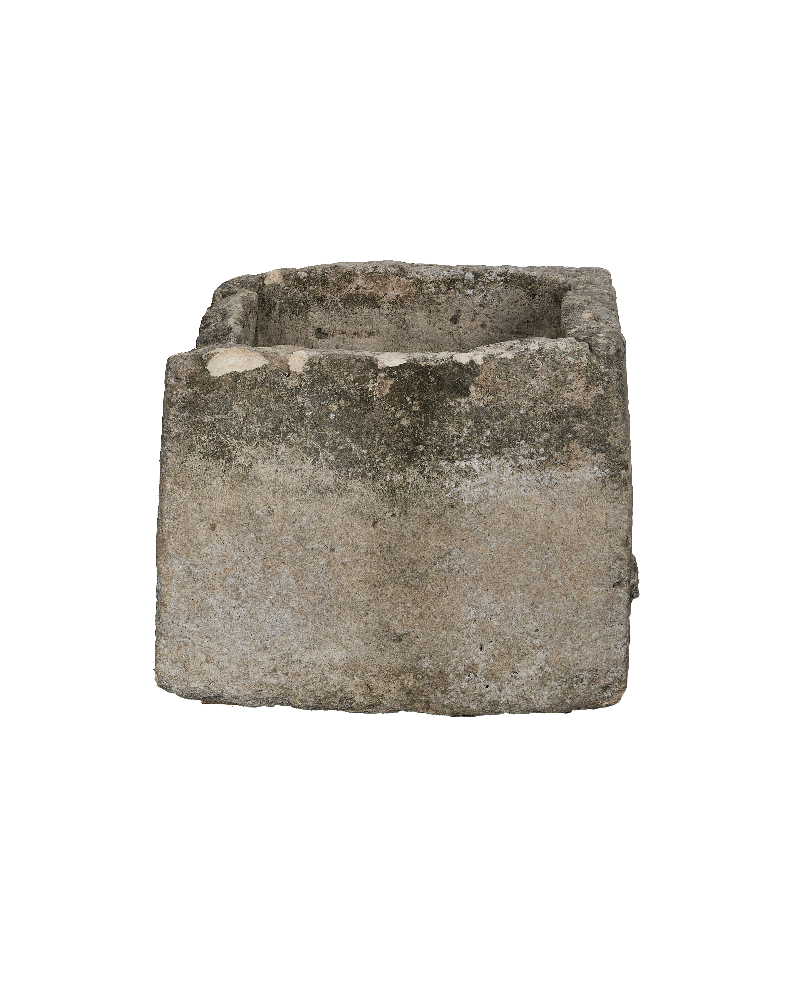 Rectangular vintage Indonesian limestone trough, showcasing its weathered texture and sturdy, thick wall construction.