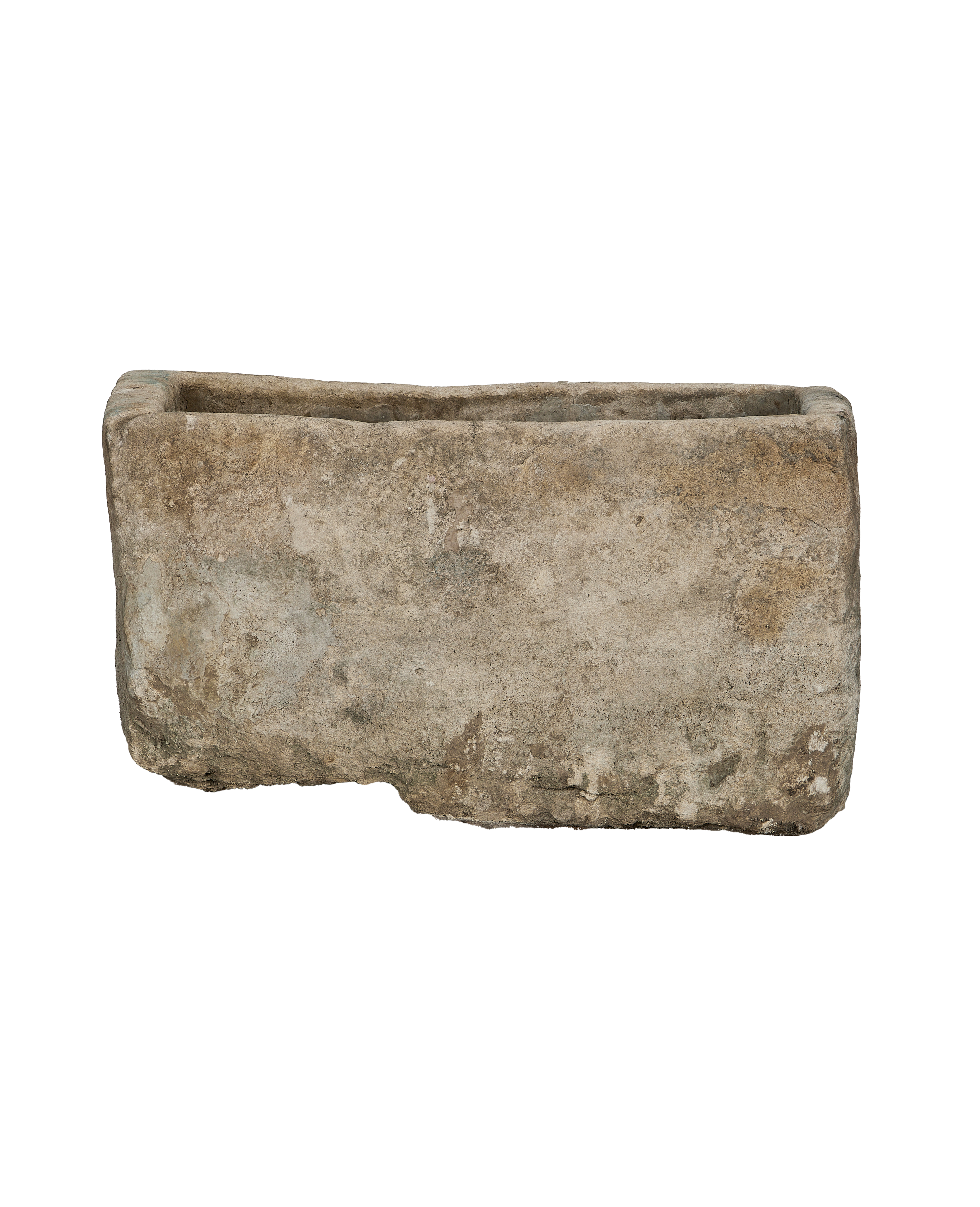 Vintage rectangular limestone trough, showing weathered texture and natural imperfections, front view.