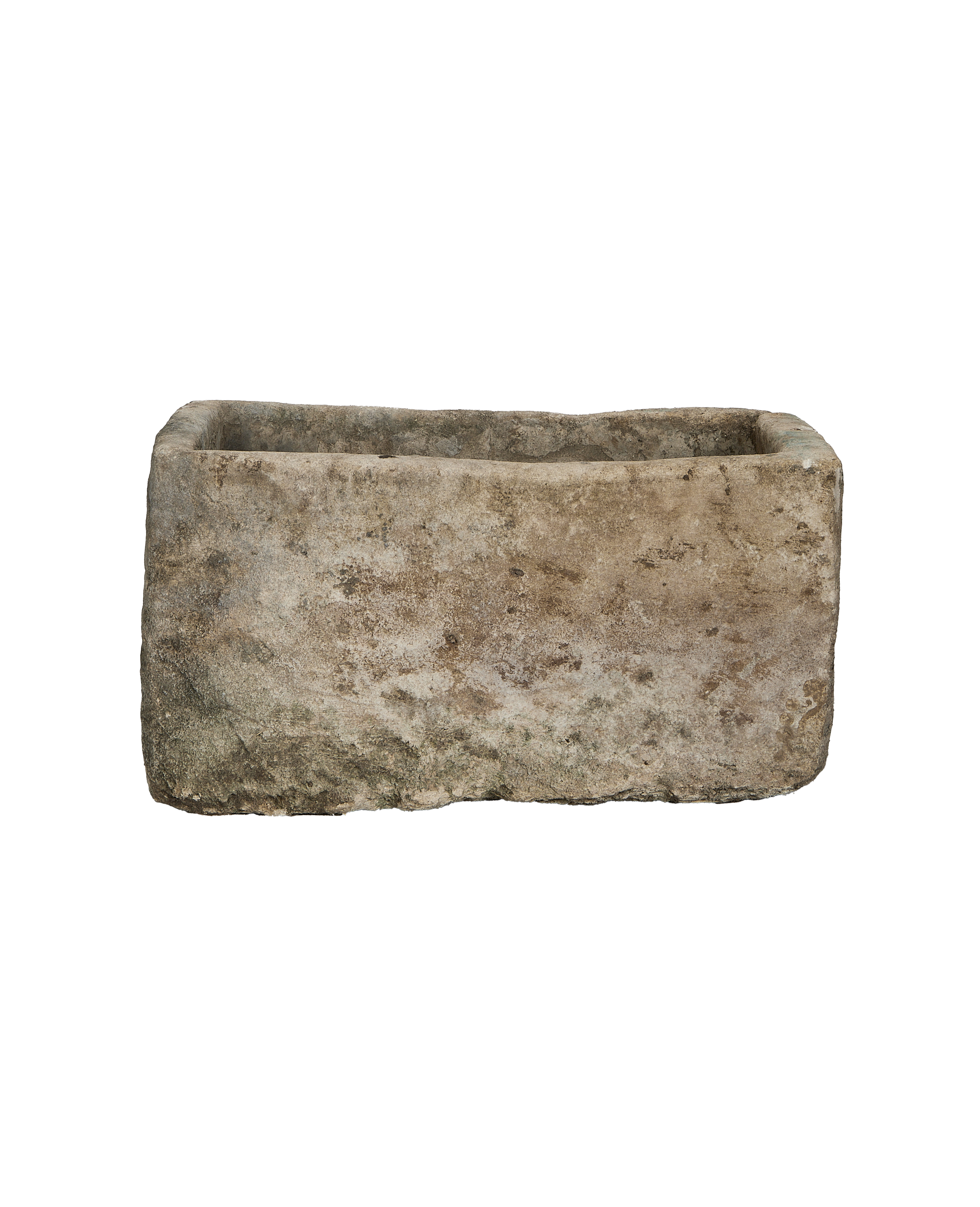Vintage Indonesian limestone trough, rectangular, with textured, weathered natural stone on black background.