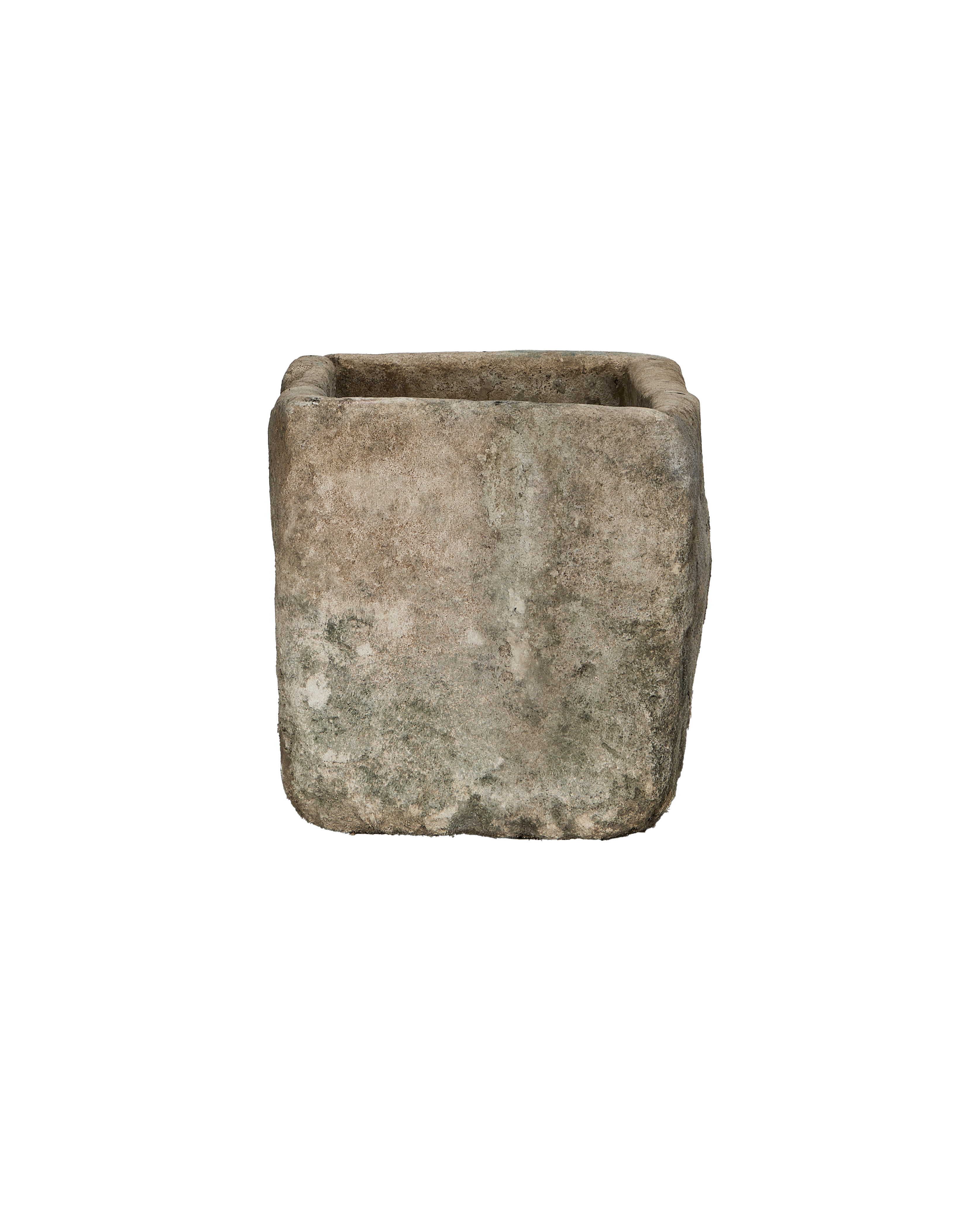 Vintage Indonesian limestone trough, square shape, showing weathered gray-green surface patina, rustic.