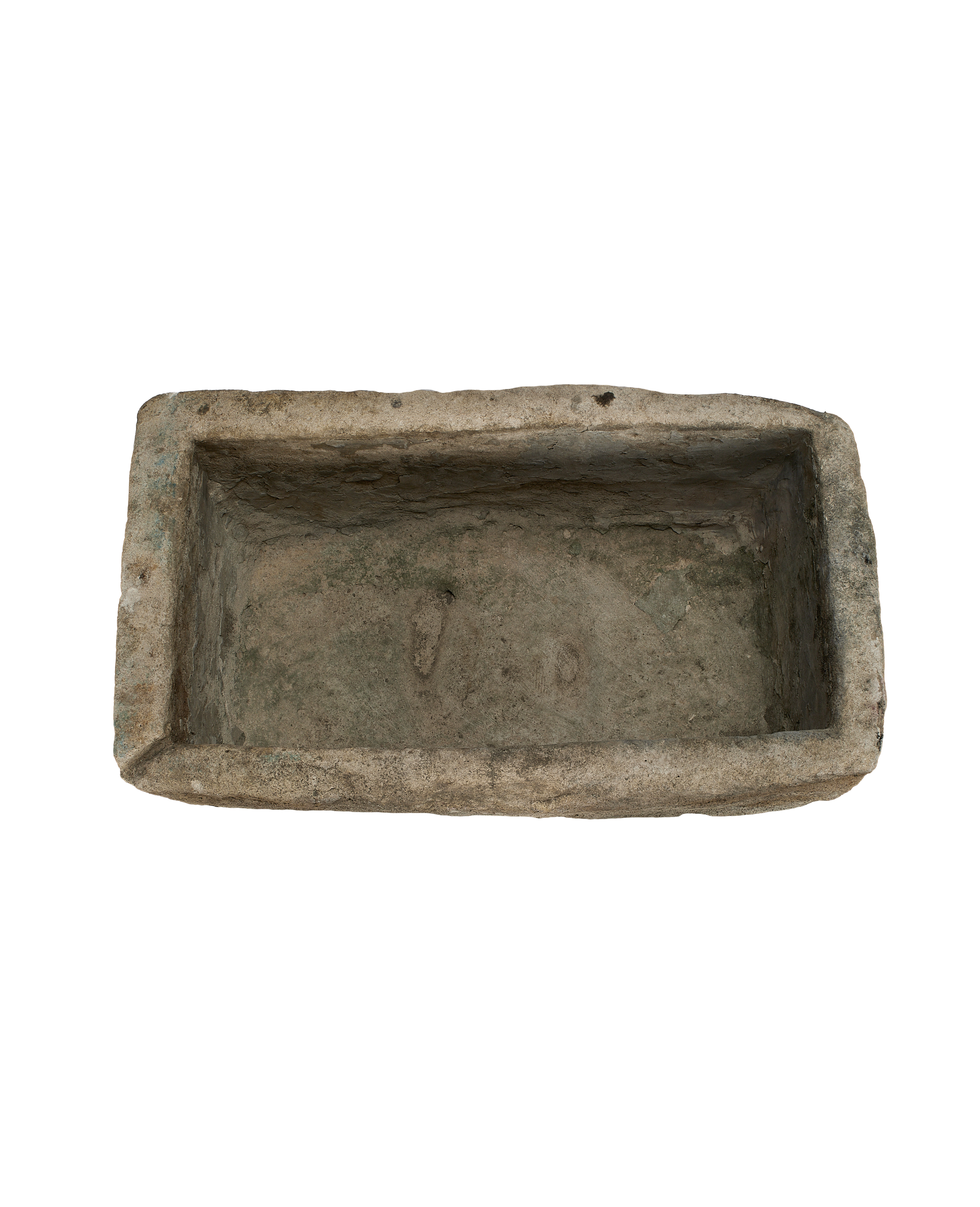 Vintage rectangular limestone trough, overhead view highlighting rustic natural stone texture.