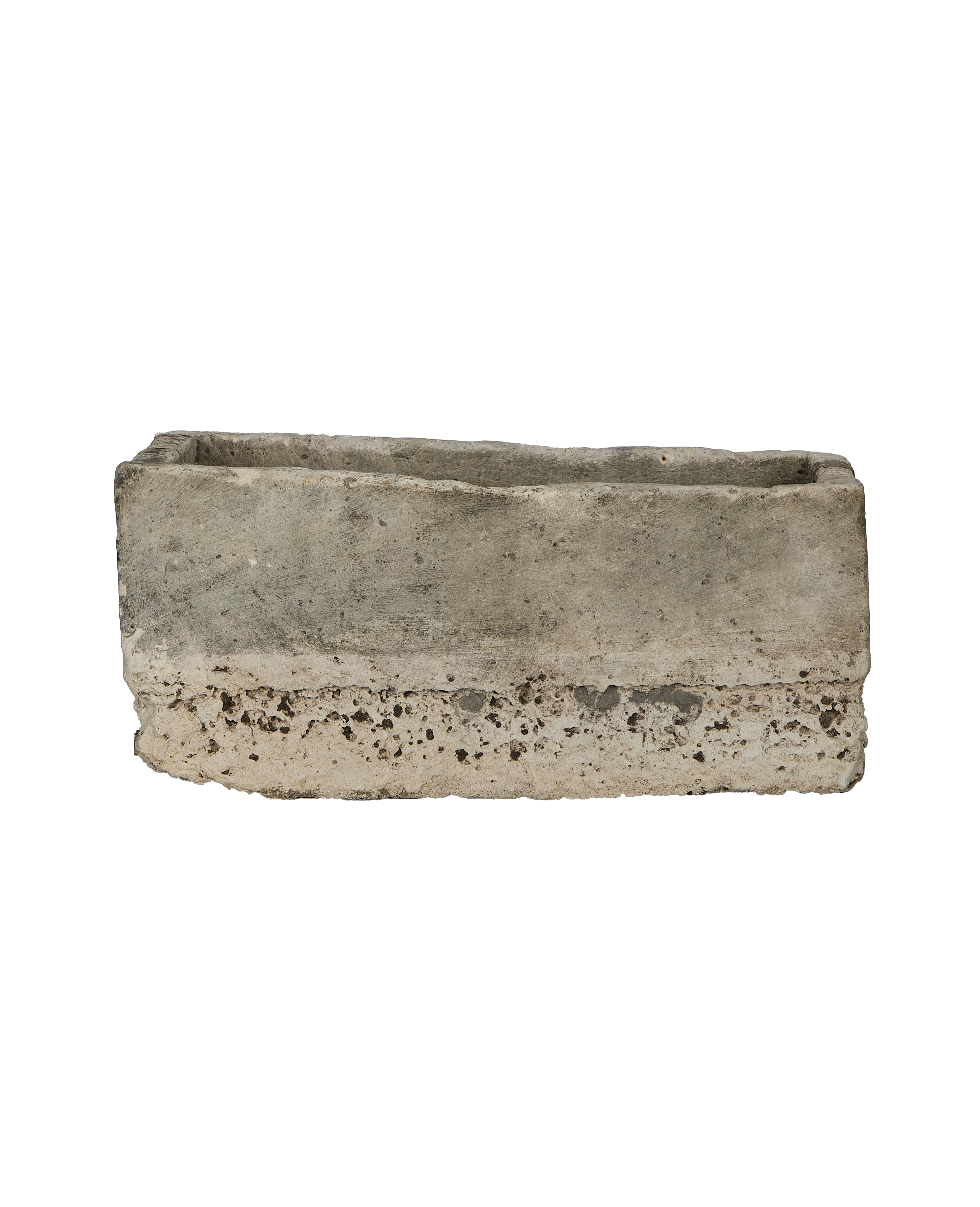 Vintage Indonesian limestone rectangular trough, rugged texture, weathered imperfections, solid base.