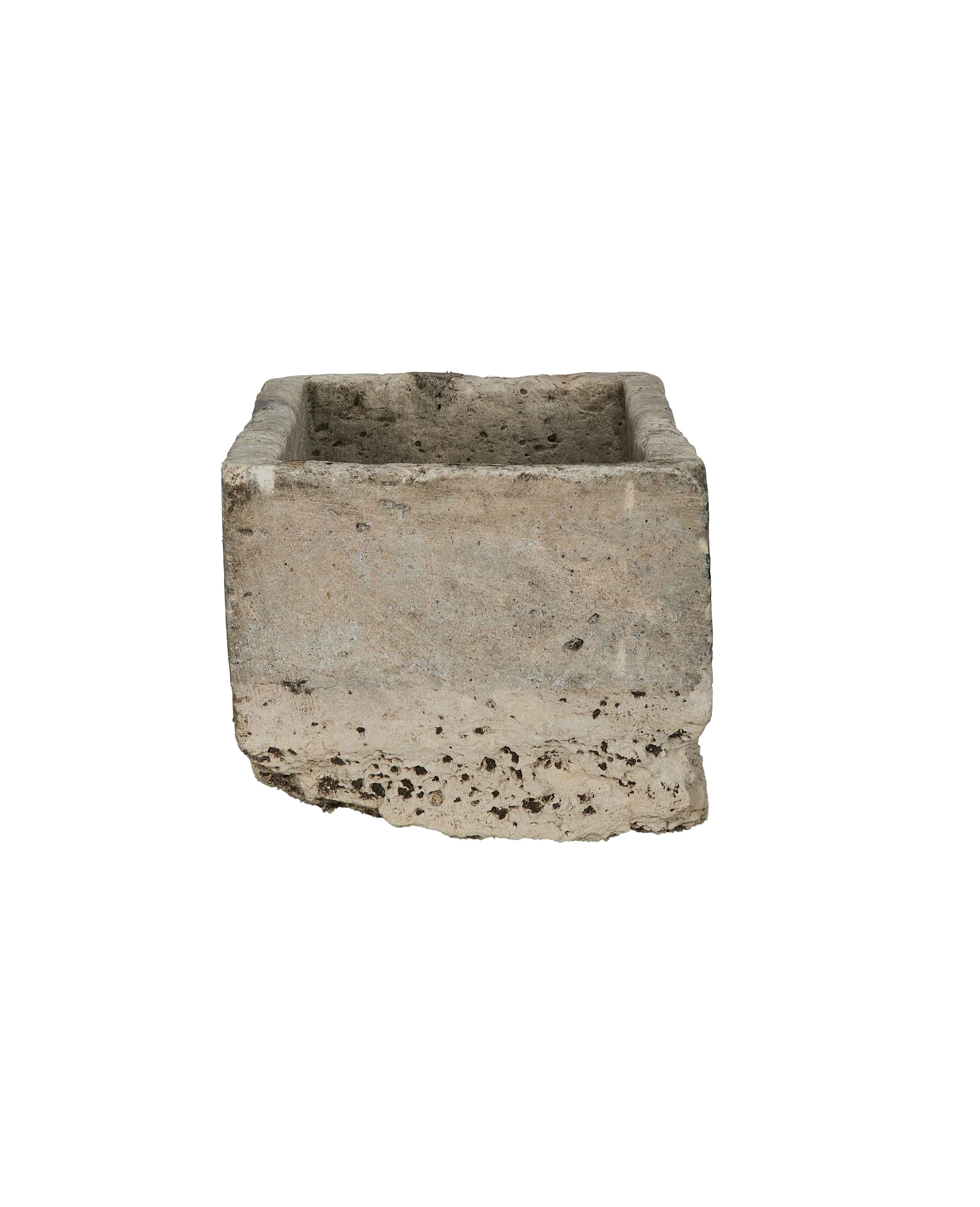 Vintage Indonesian limestone trough, top opening detail, exhibiting weathered texture and imperfections.