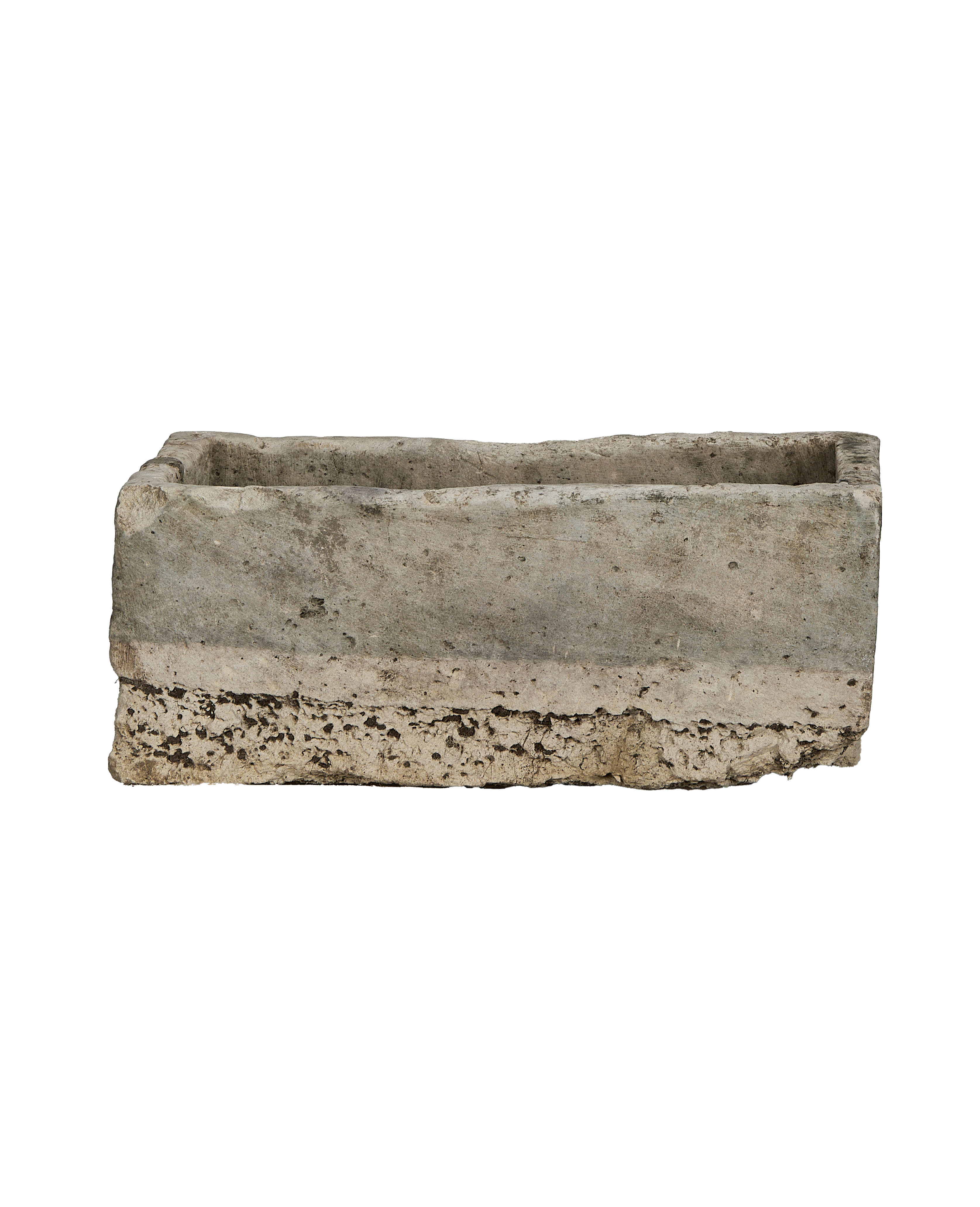 Vintage Indonesian rectangular limestone trough showing rough textured bottom edge.