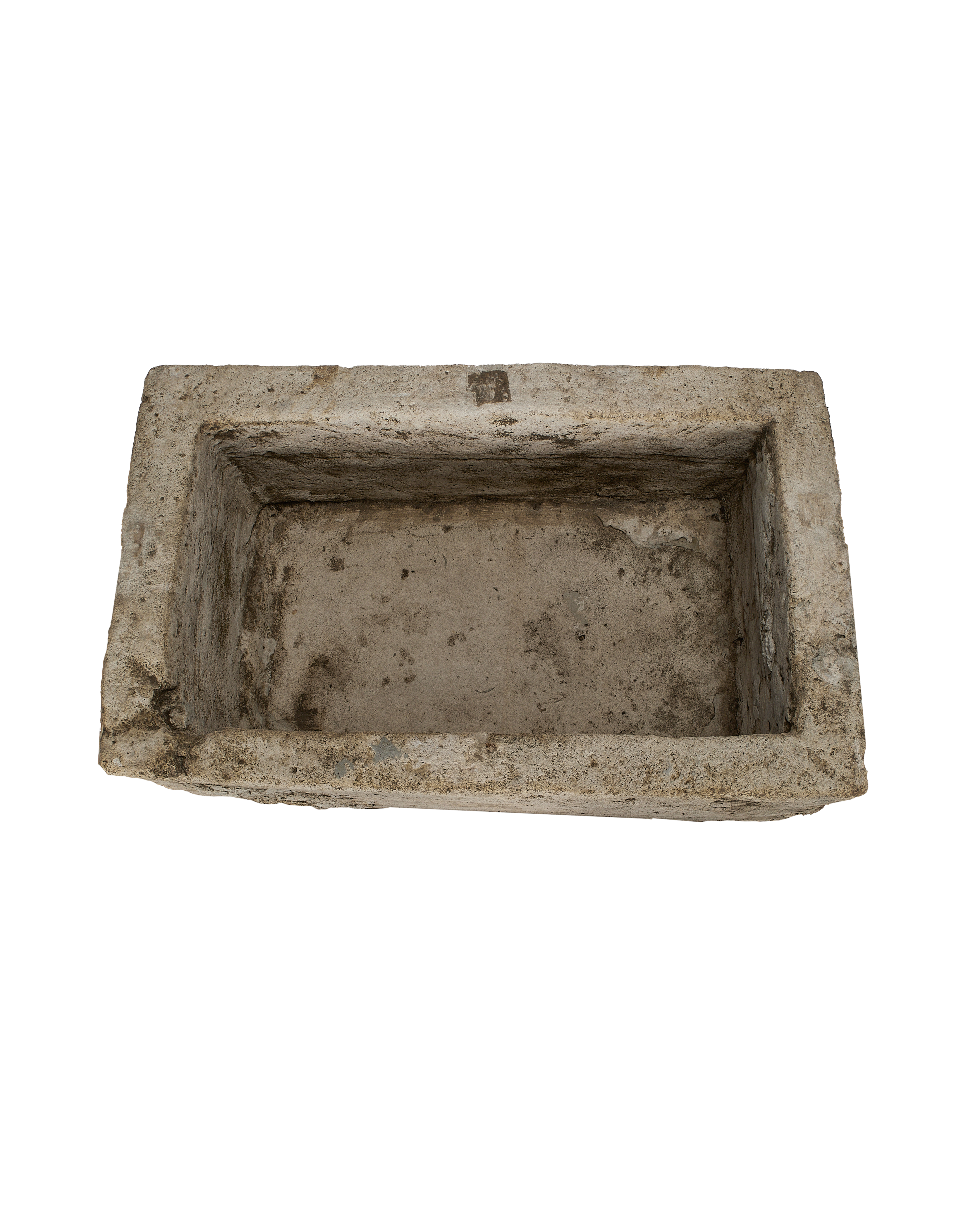 Vintage Indonesian rectangular limestone trough showing full top interior, weathered texture.