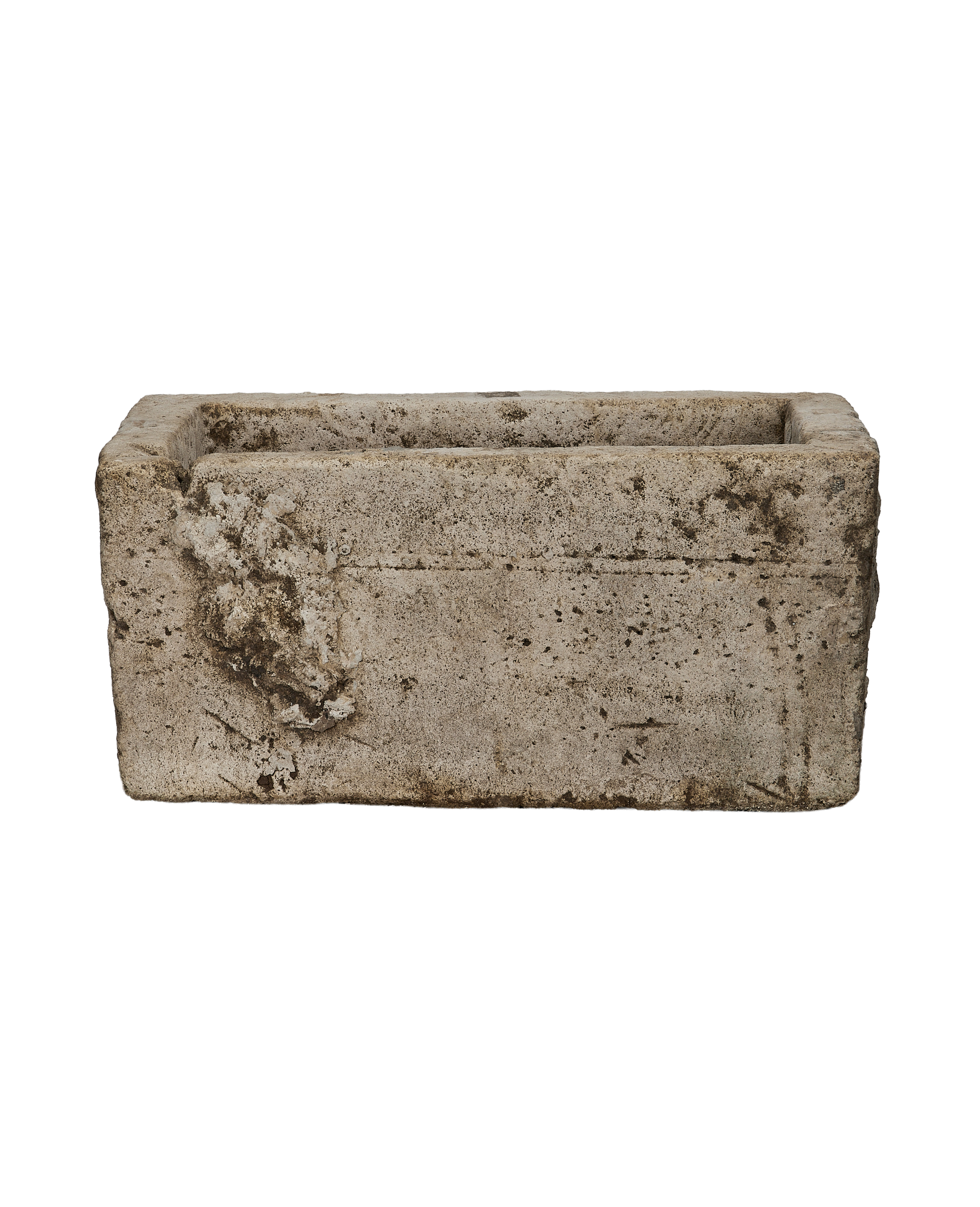 Vintage rectangular limestone trough, rustic texture, weathered patina, from Indonesia, top view.