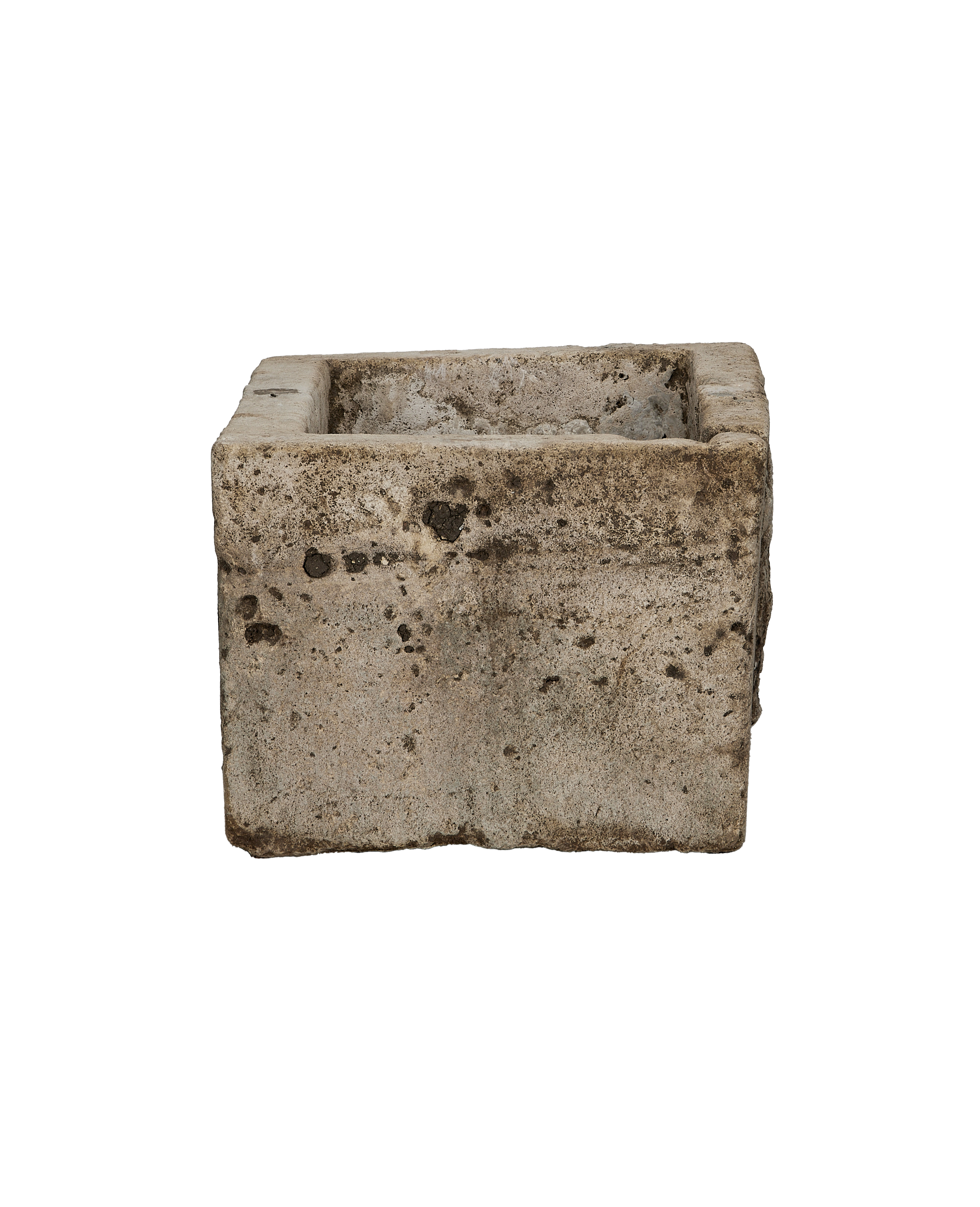 Vintage Indonesian limestone trough, OAK style, showing textured side with natural wear and mossy patina.