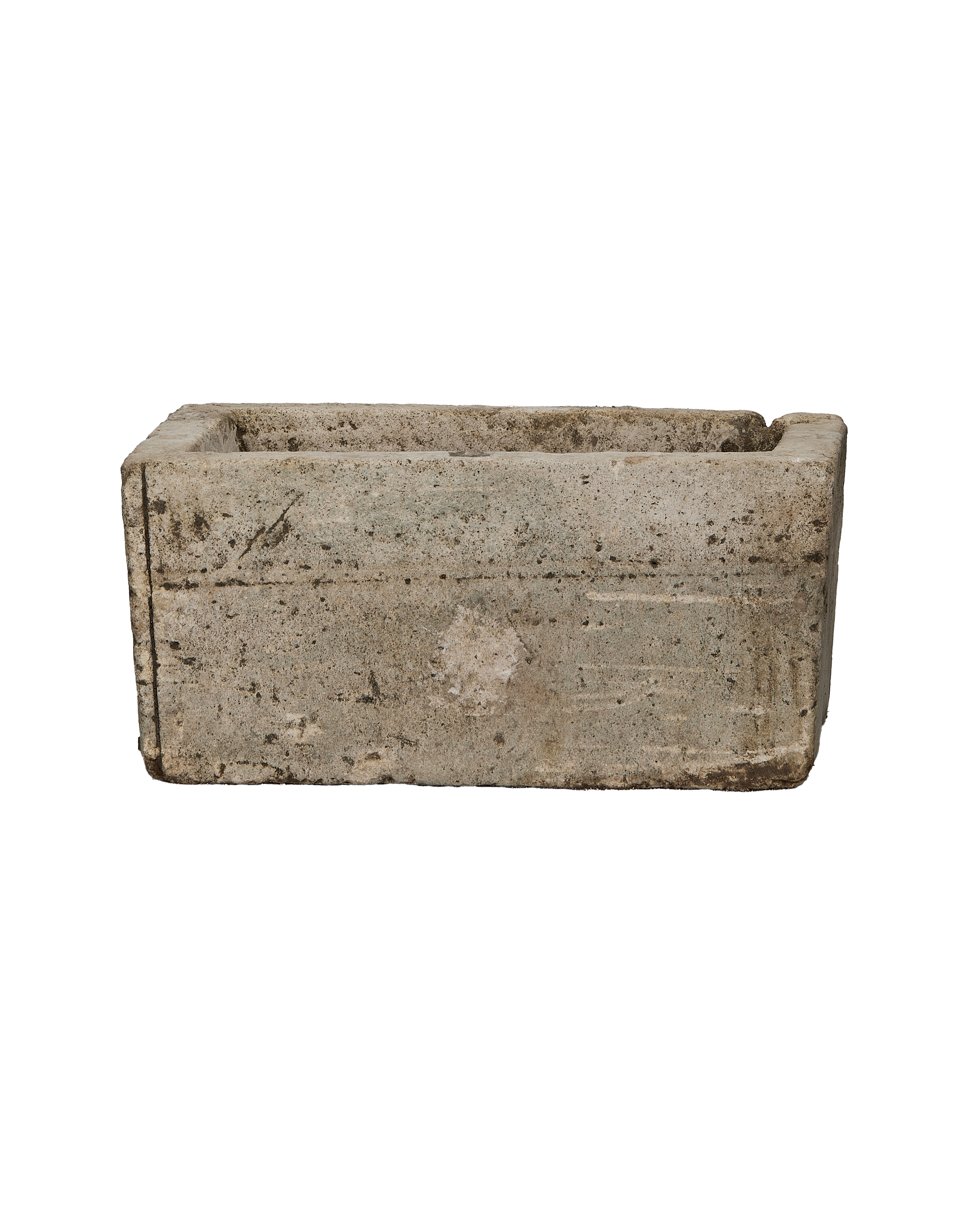Vintage Indonesian limestone trough, rectangular, OAK, showcasing weathered surface texture, side view.
