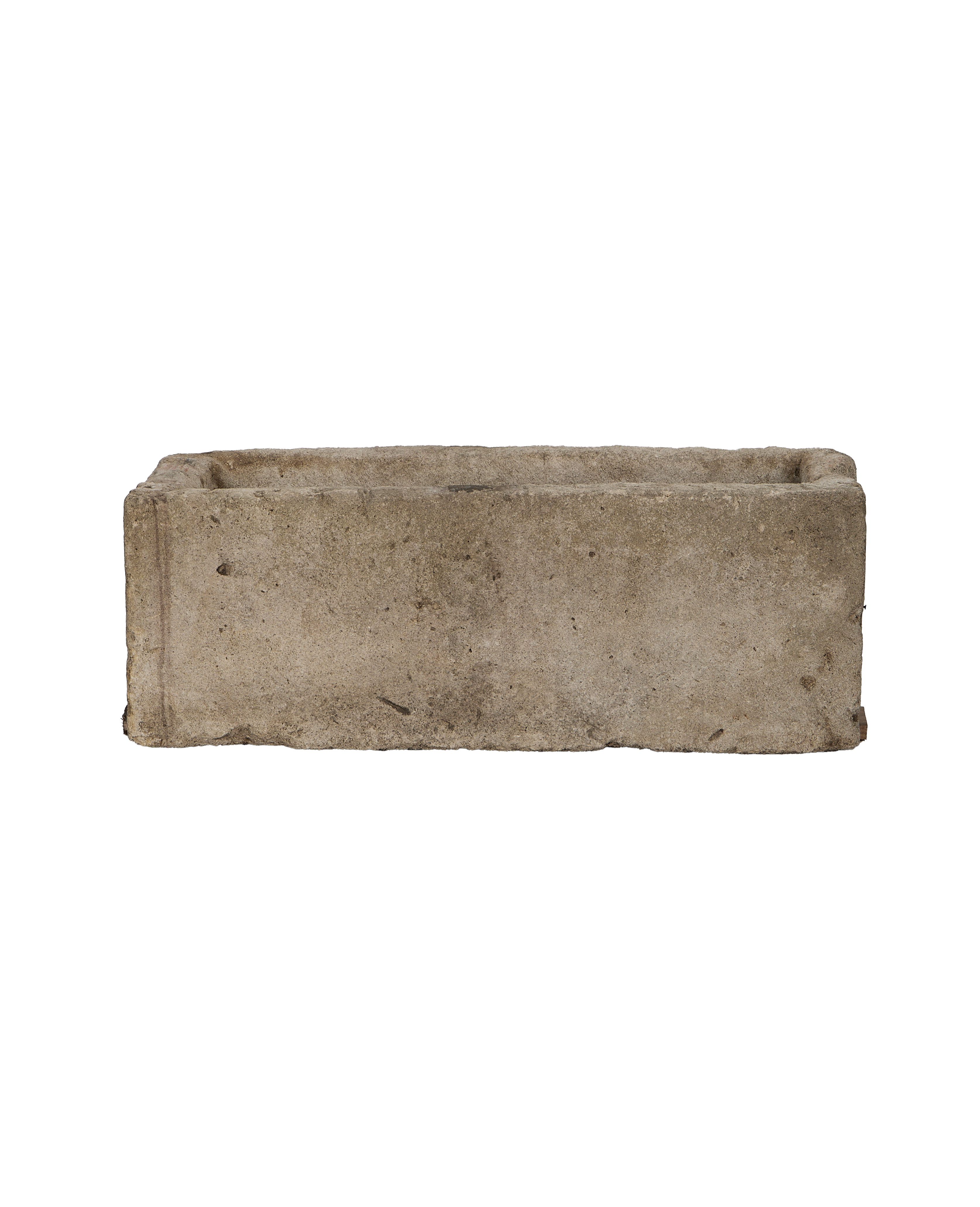 Vintage rectangular limestone trough, weathered gray concrete texture, from Indonesia.