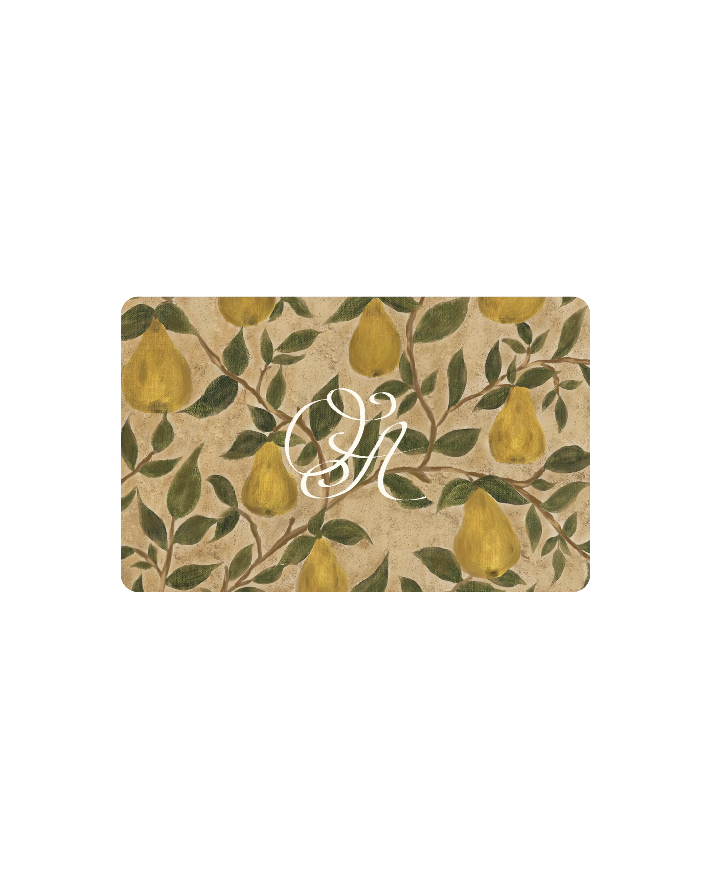 Olive Ateliers gift card in Esme Saleh's Bosc Pear print with the OA monogram