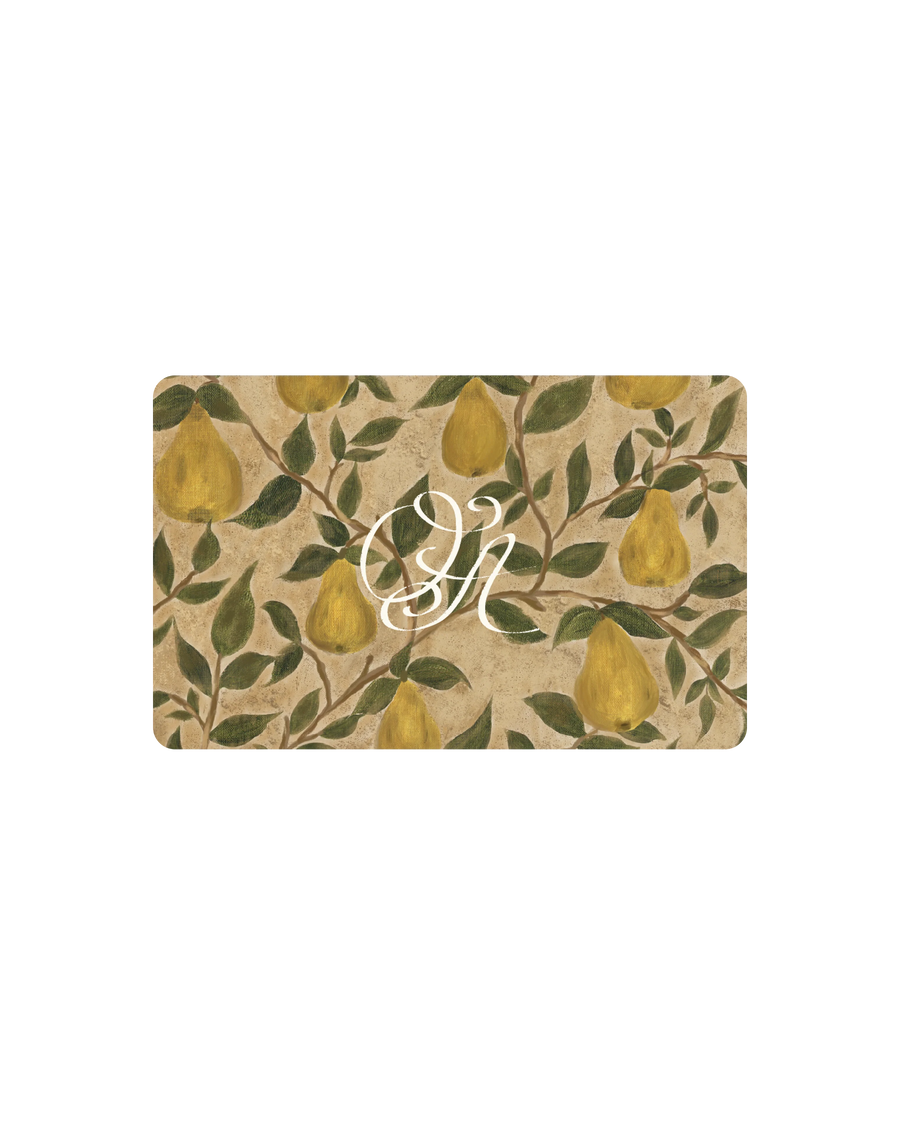 Olive Ateliers gift card in Esme Saleh's Bosc Pear print with the OA monogram
