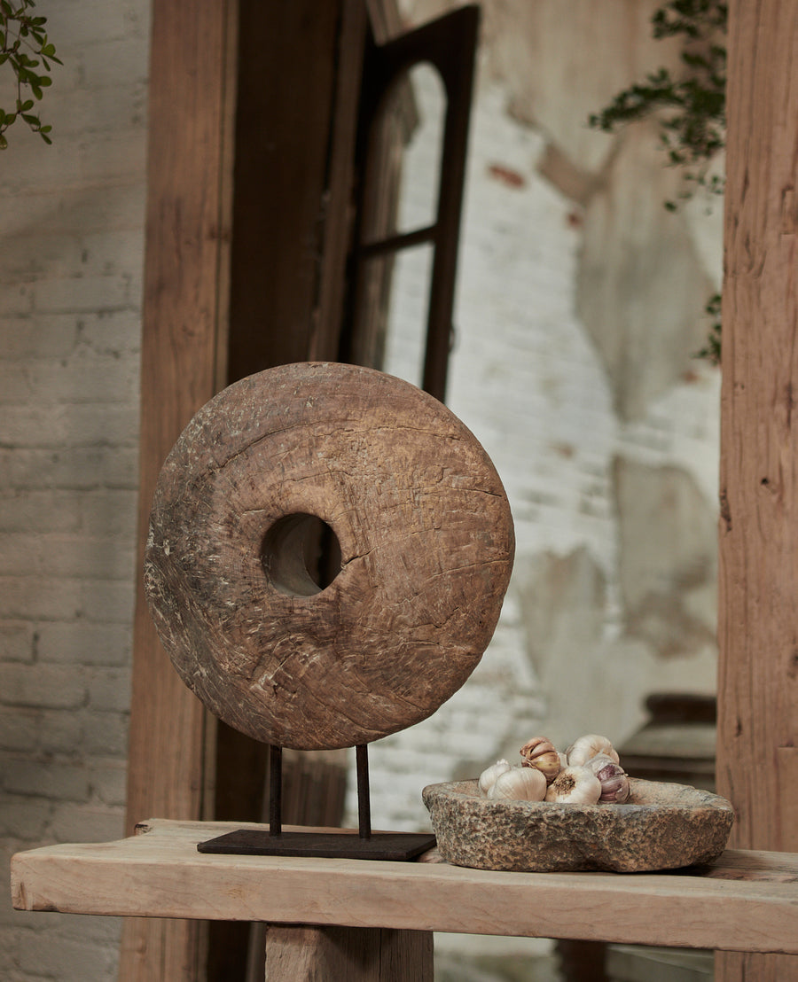 Antique Wood Wheel on Stand from India made of Wood