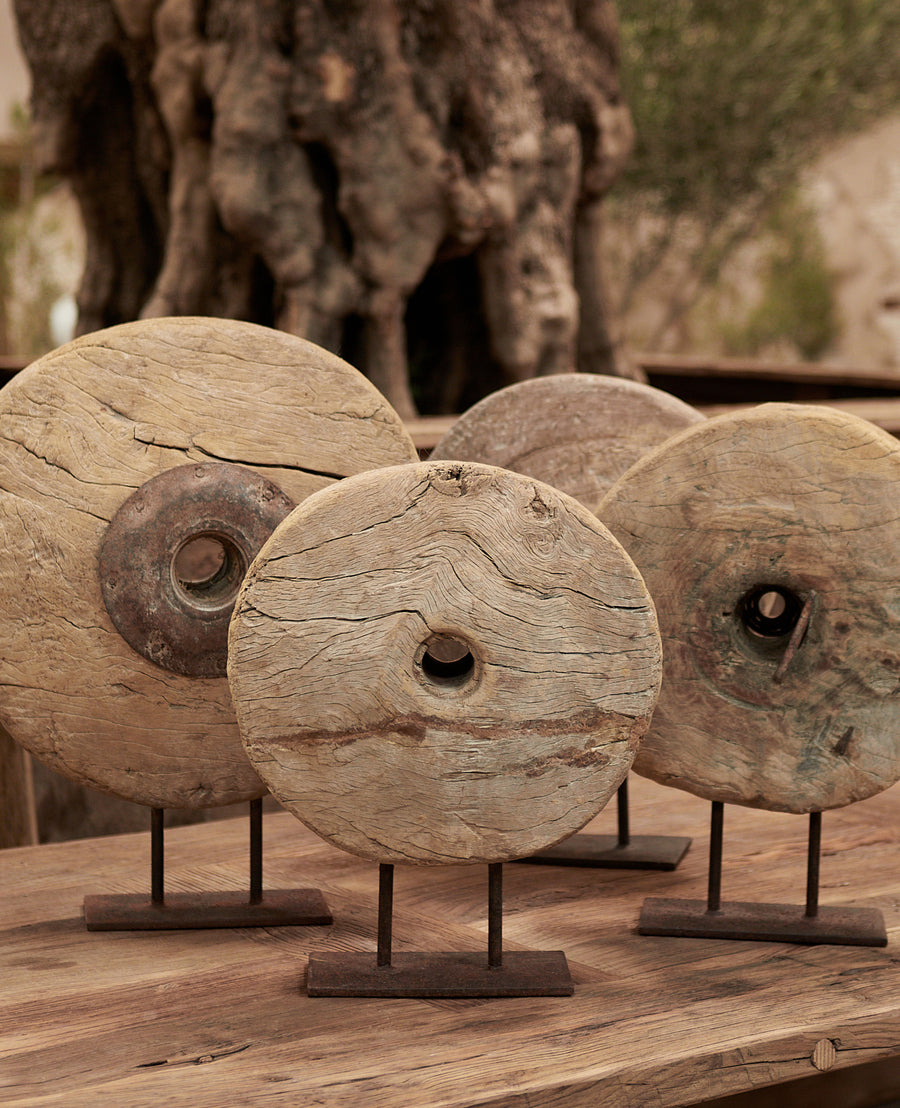 Antique Wood Wheel on Stand from India made of Wood