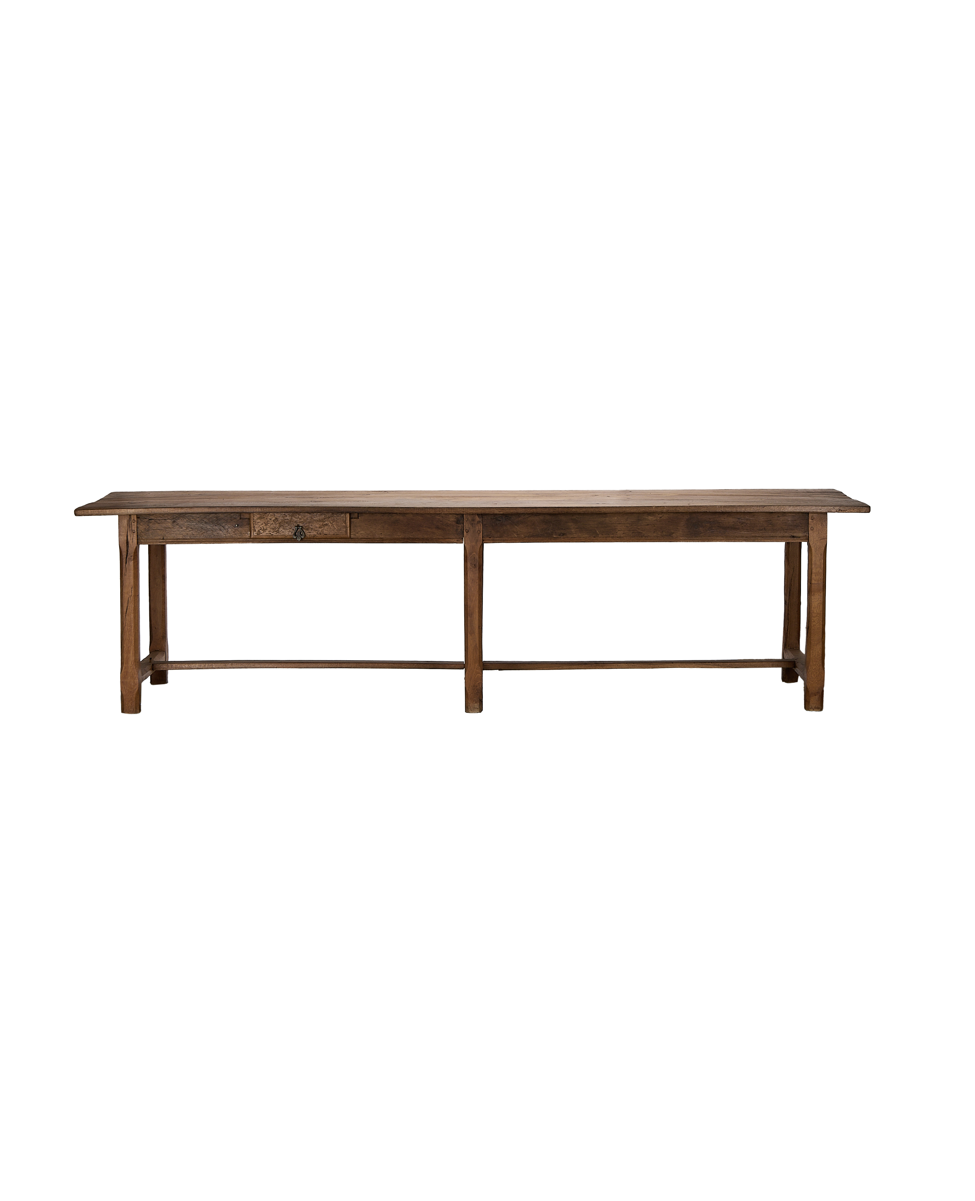 Long vintage oak farm table from France, showing an open drawer.