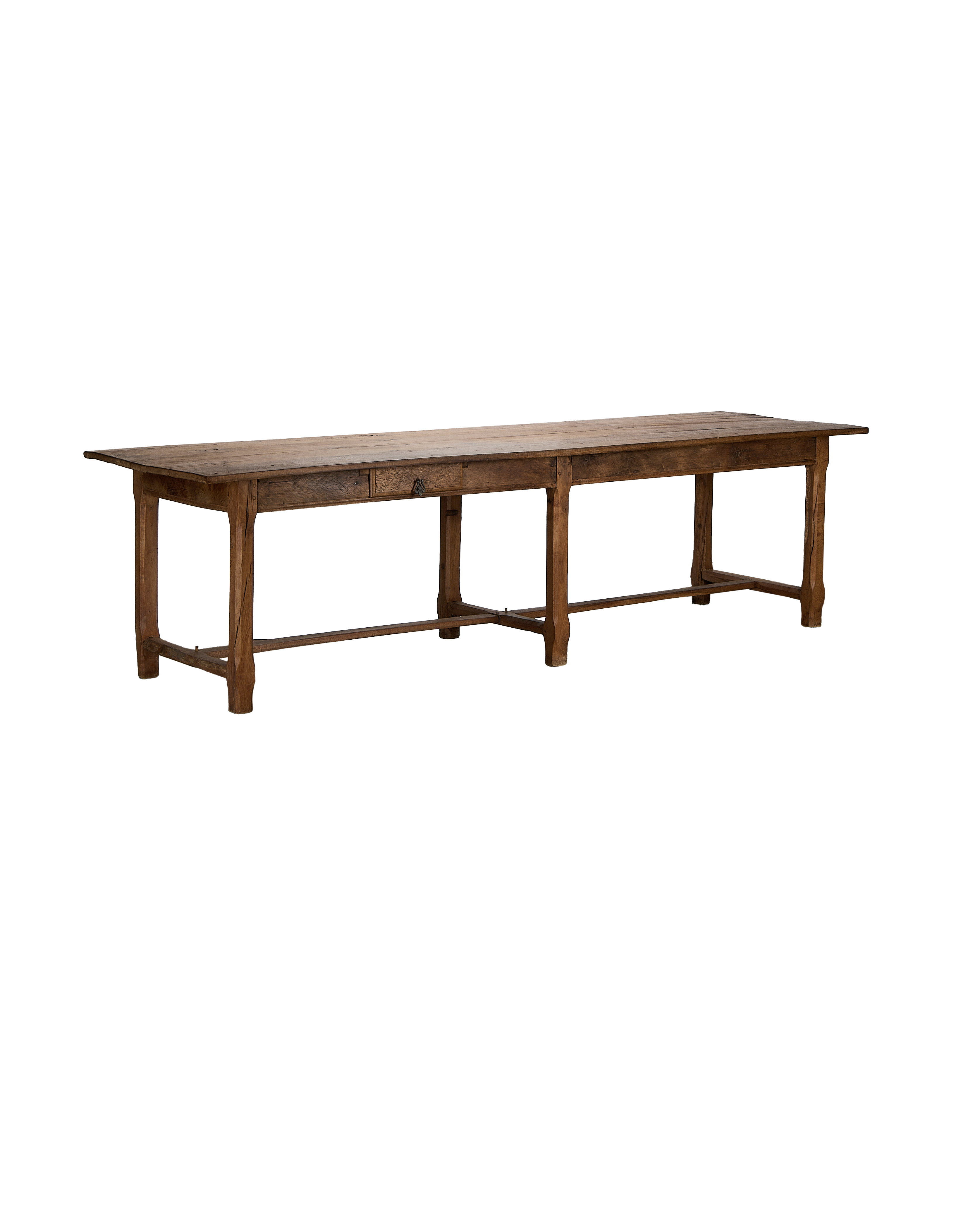 Long vintage oak farmhouse table from France with two drawers visible.