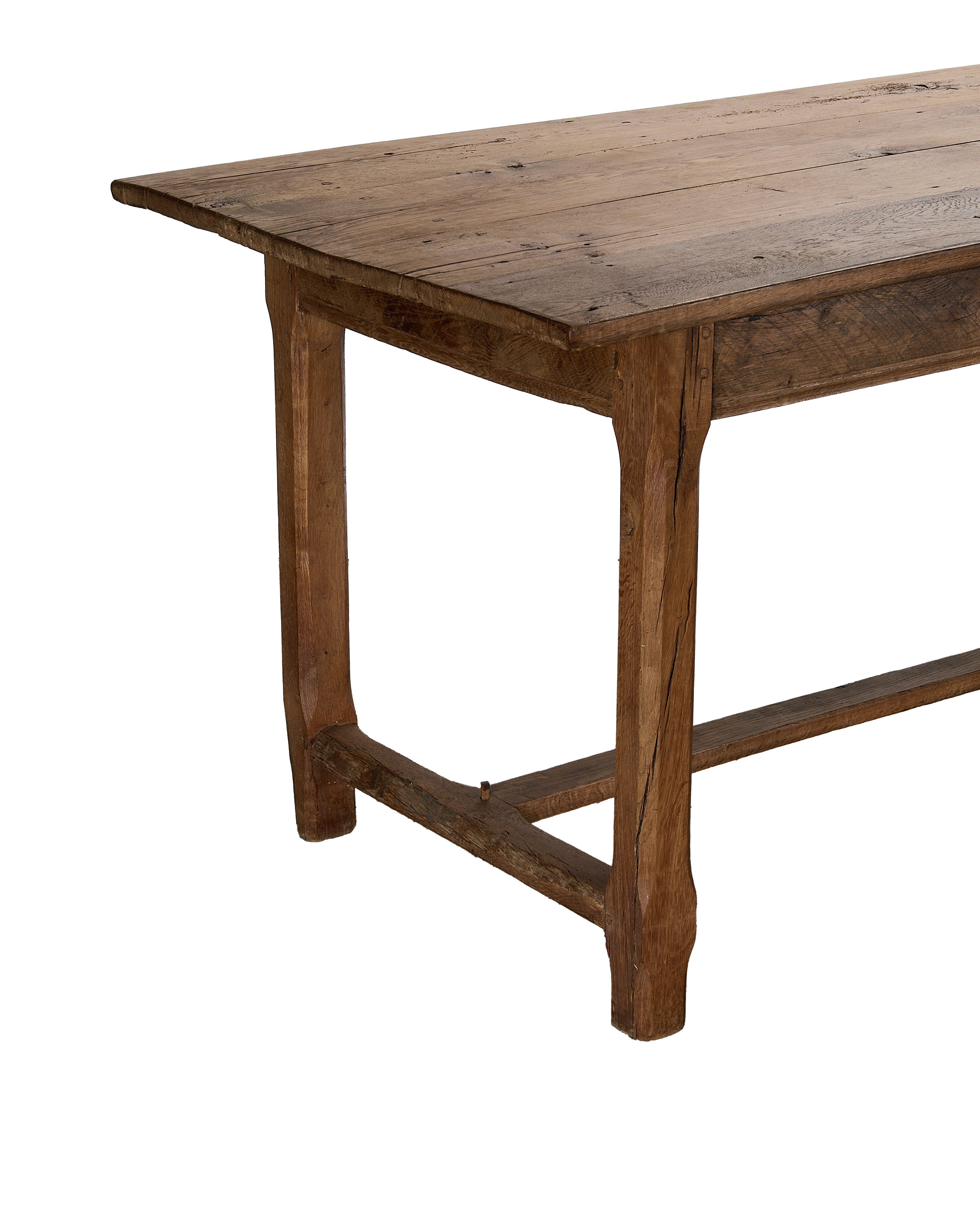 Vintage French oak farm table, showing the distressed tabletop and sturdy base construction.