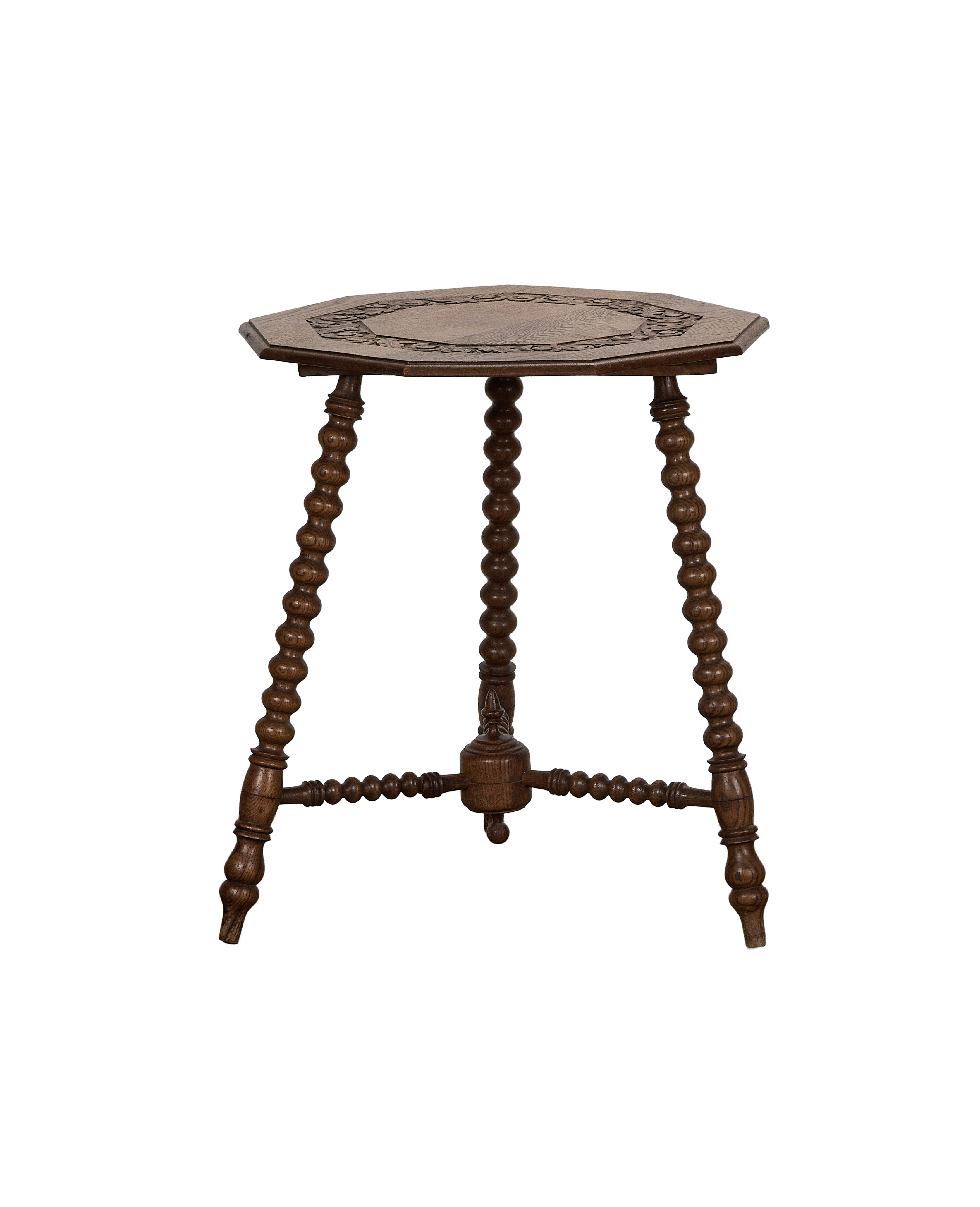 Vintage French oak Nonagon Bobbin Side Table with carved top, dark polished wood.