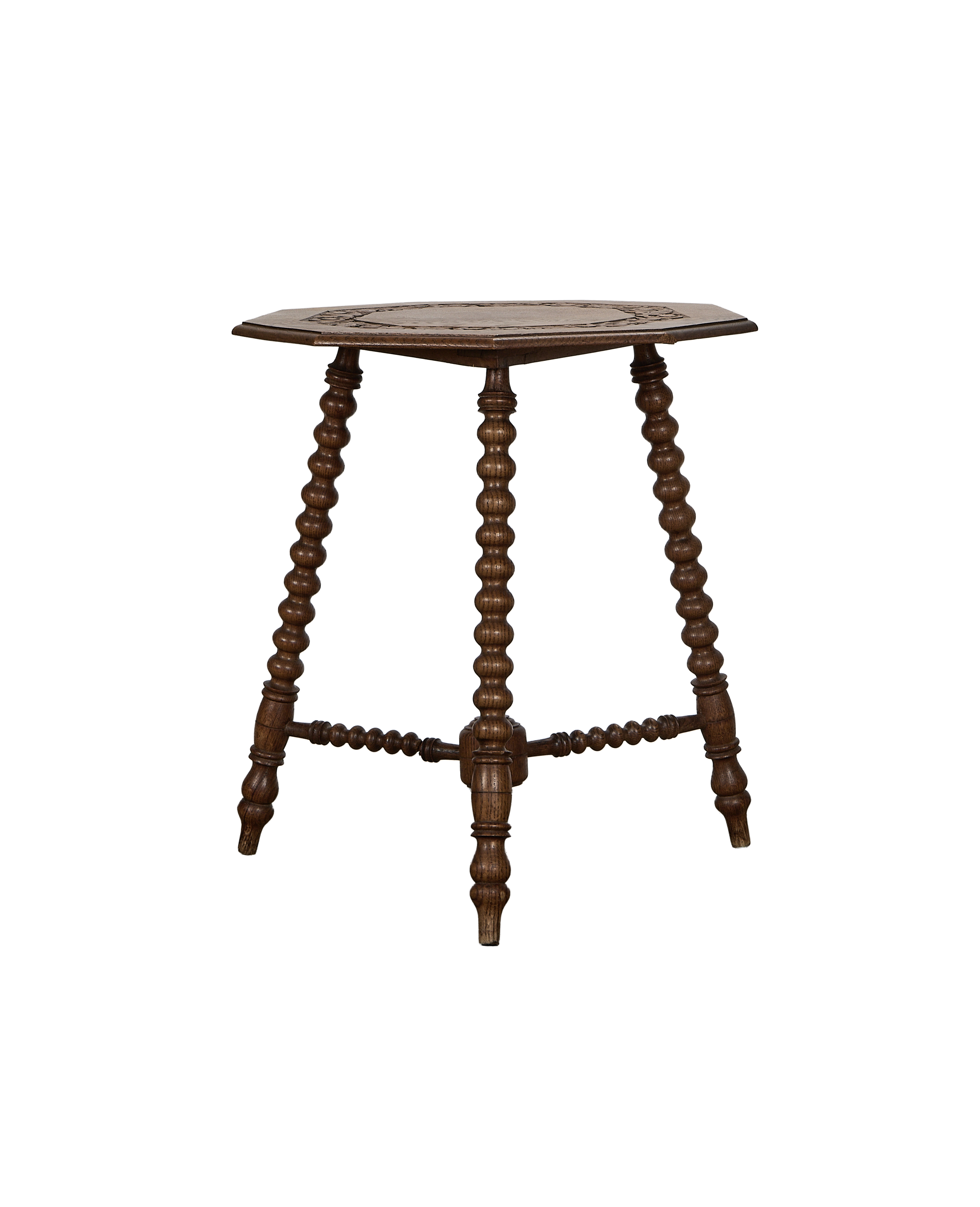 Vintage French oak bobbin side table, full view, showing hexagonal top.