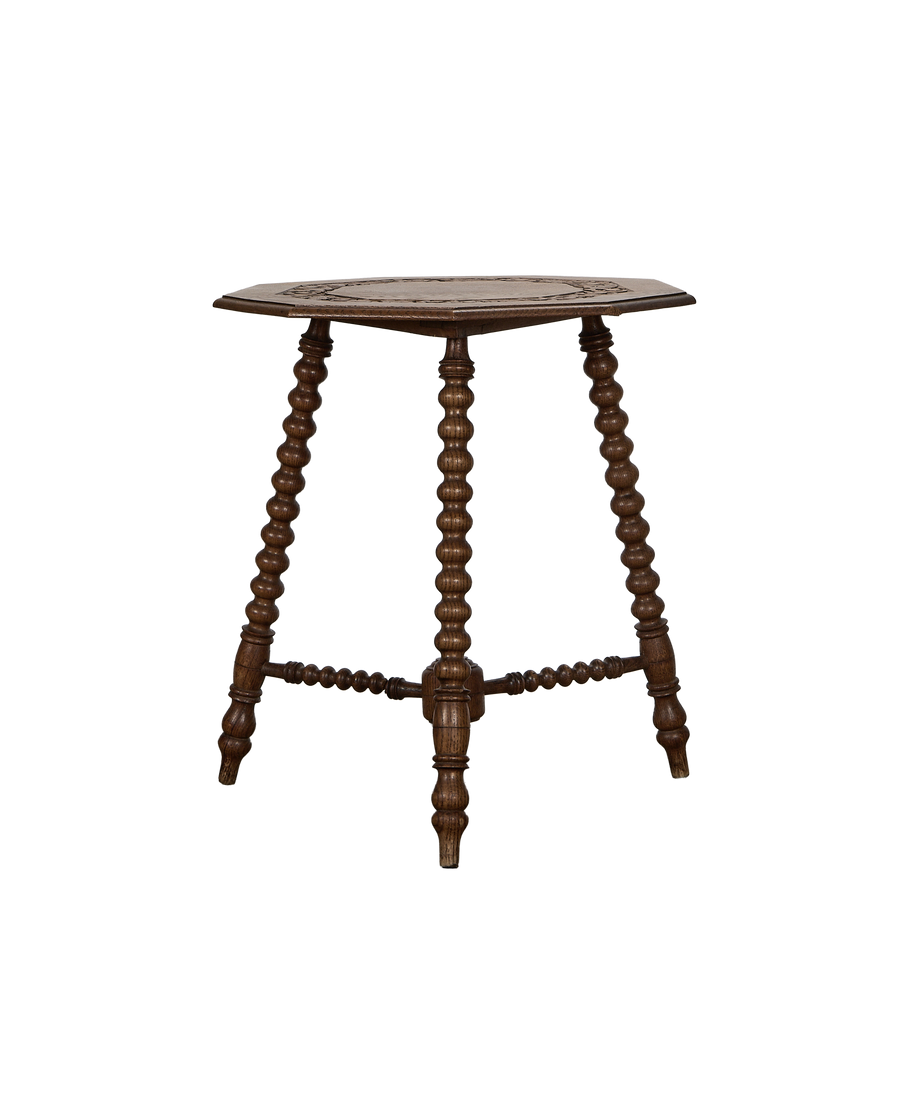 Vintage French oak bobbin side table, full view, showing hexagonal top.